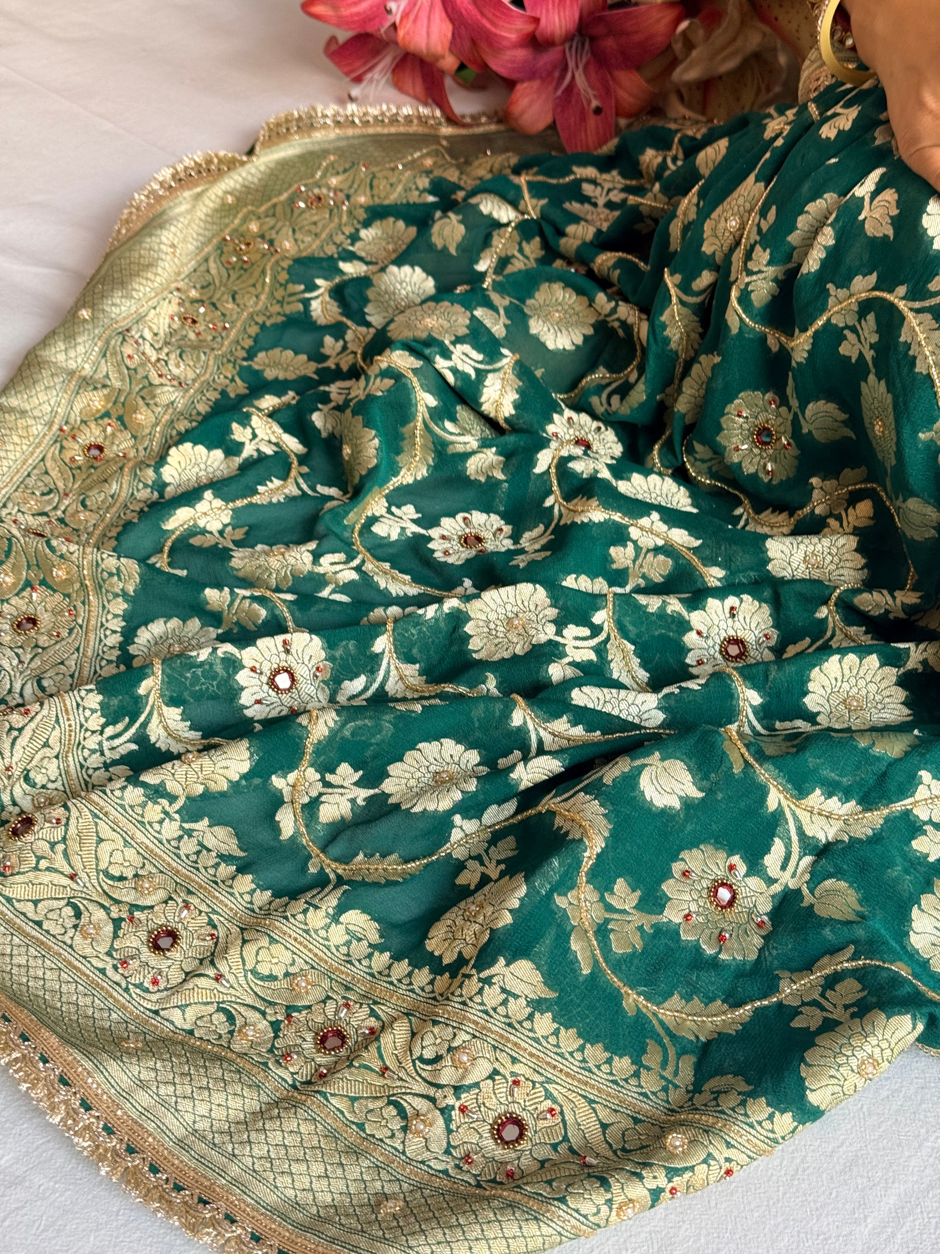 Banarasi chiffon gorgette kadhwa jaal weaving hand embroidered saree