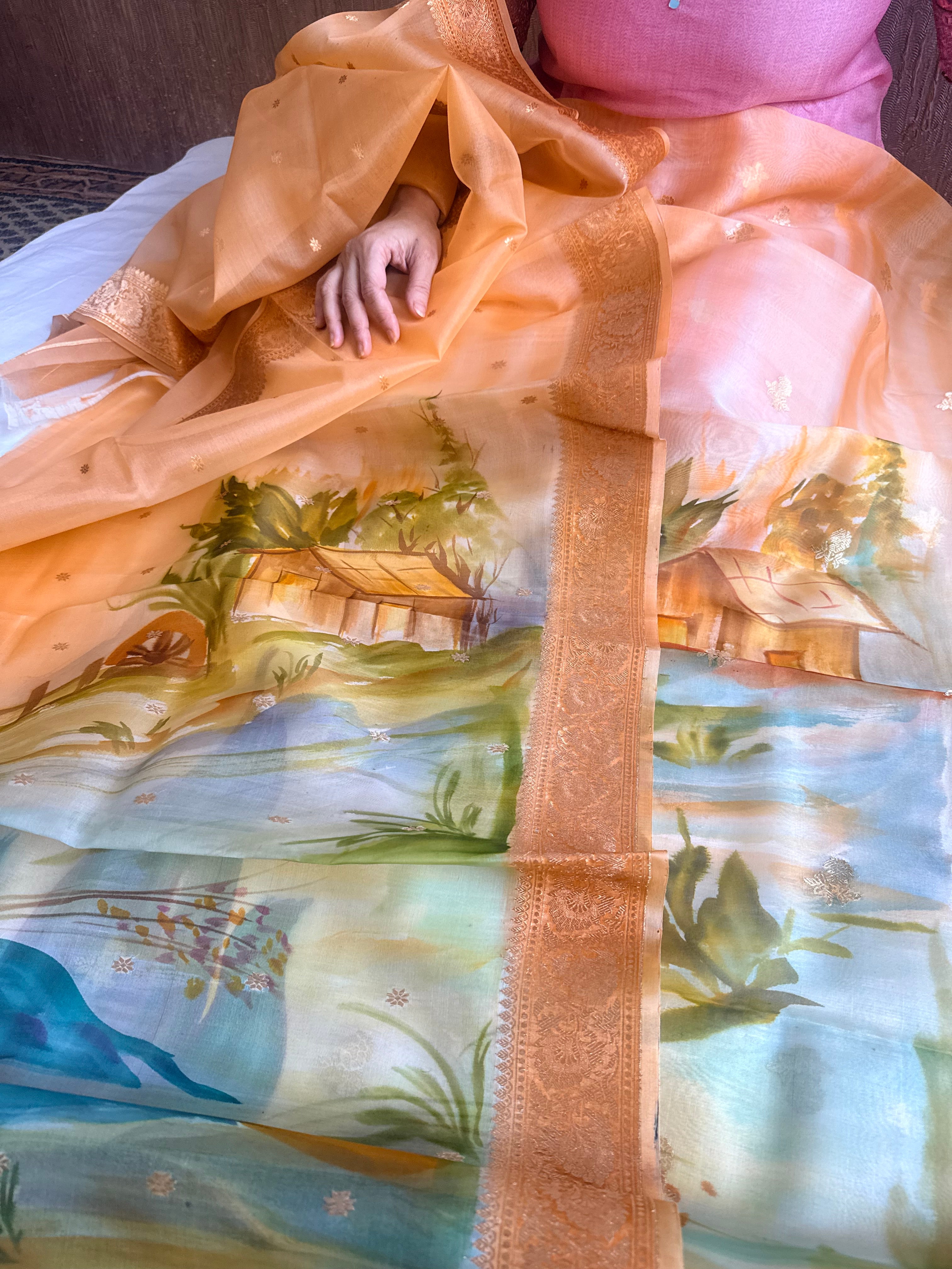 Banarasi kora silk handpainted ghatwork kadhwa buti rainbow dye suits