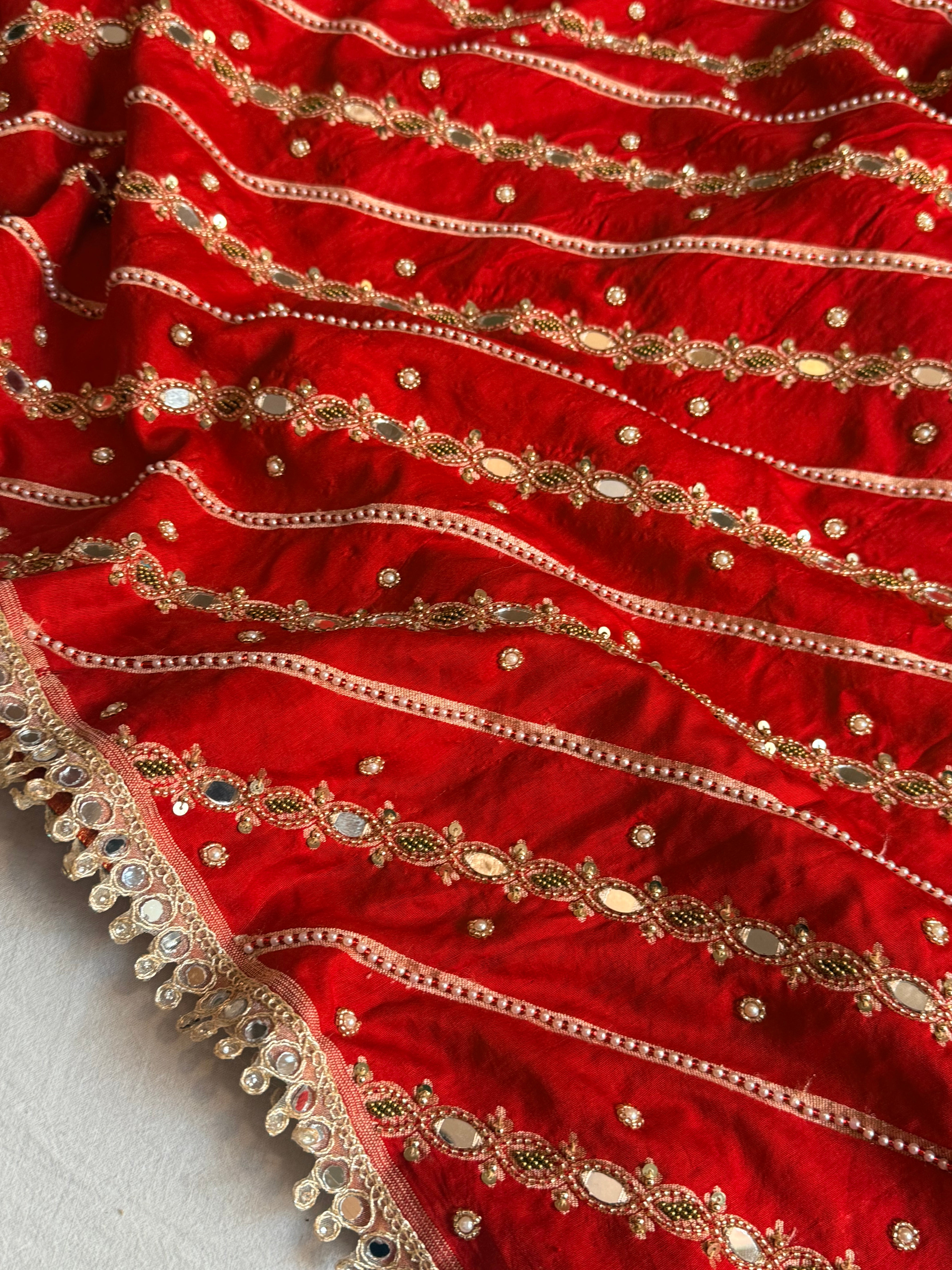Spun chiniya silk mirrorwork hand embroidered banarasi saree