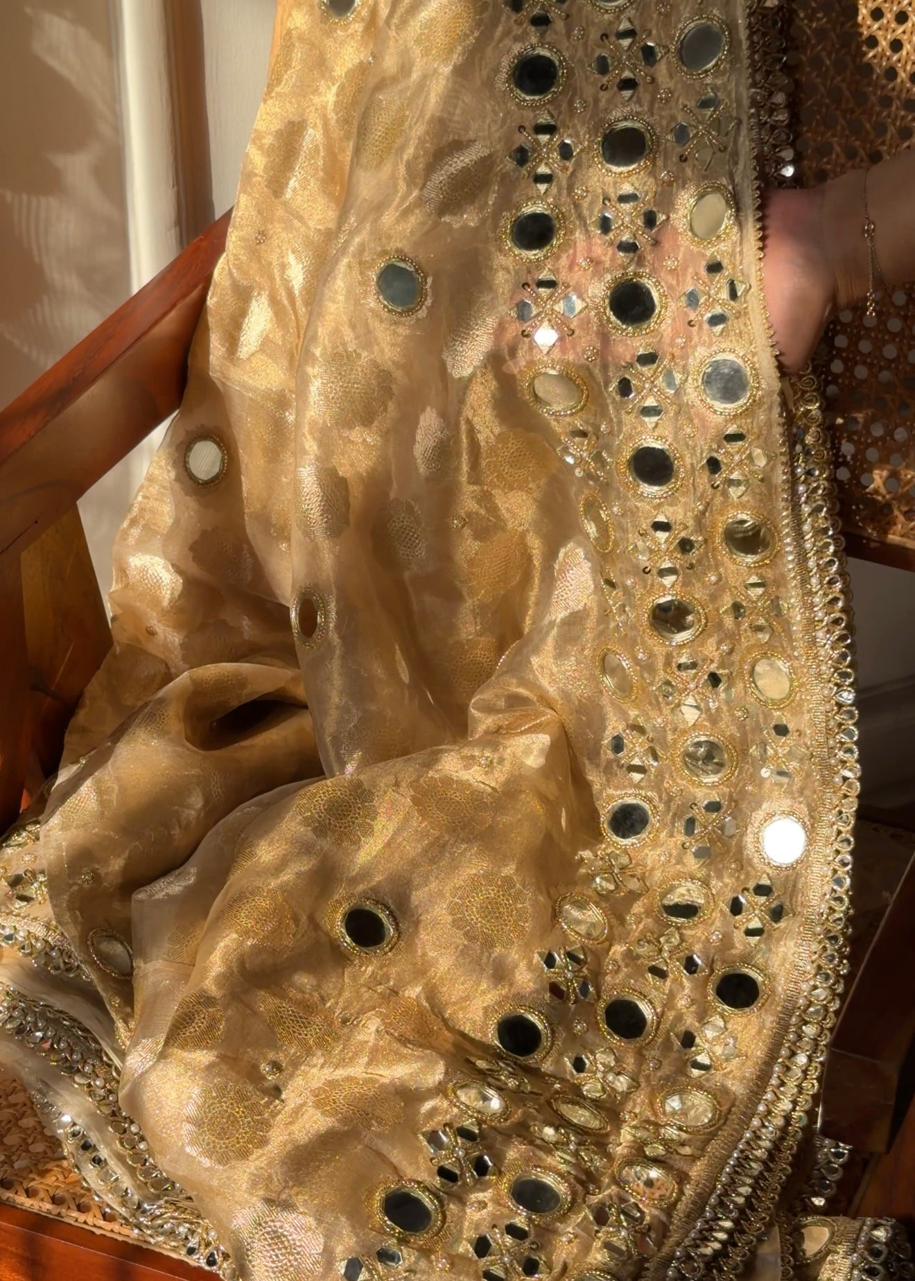Butter gold kaanch wali mirrorwork hand embroidered tissue silk buti saree
