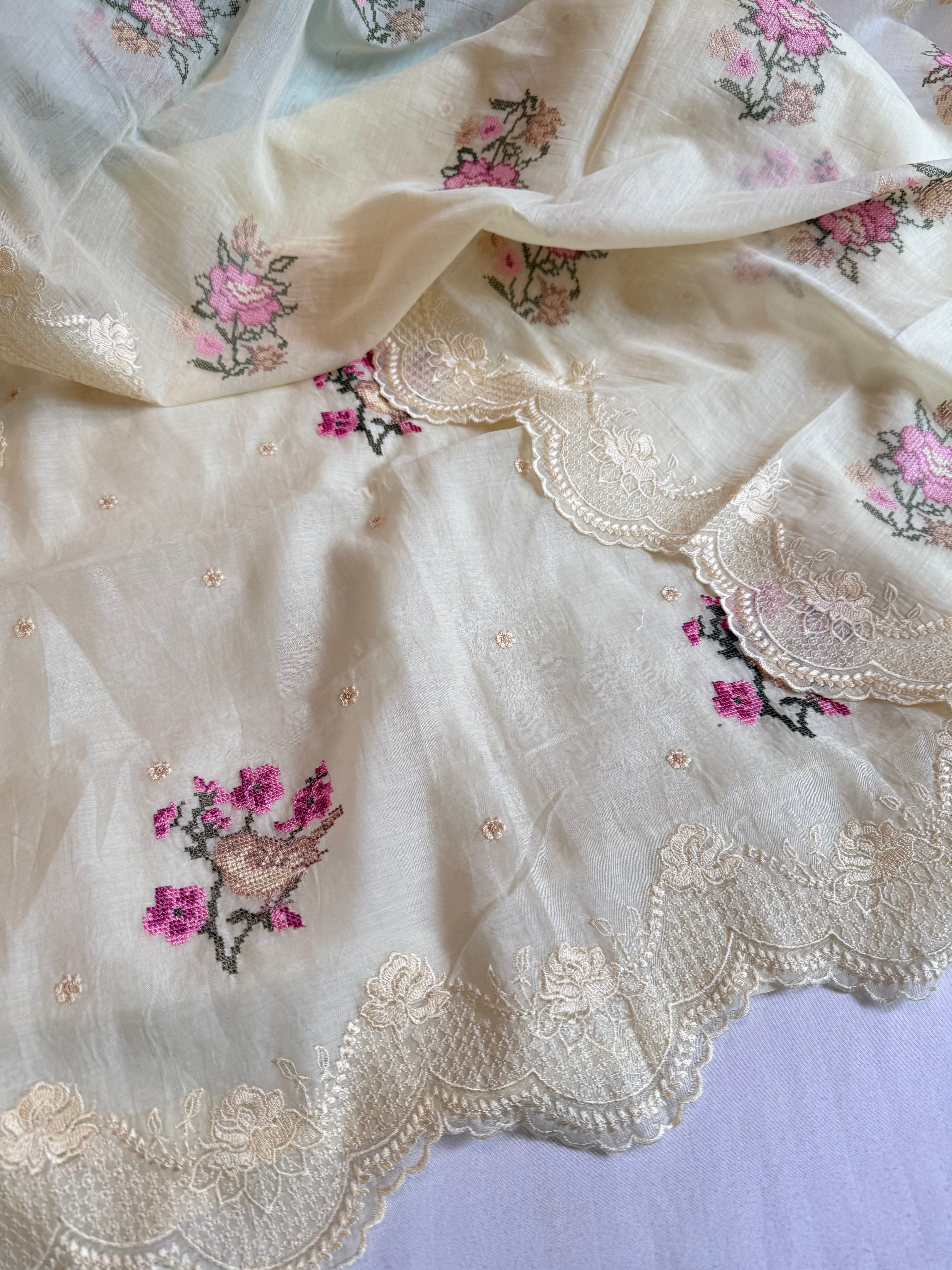 Blush lemon cross-stitch hand embroidered resham work suit set