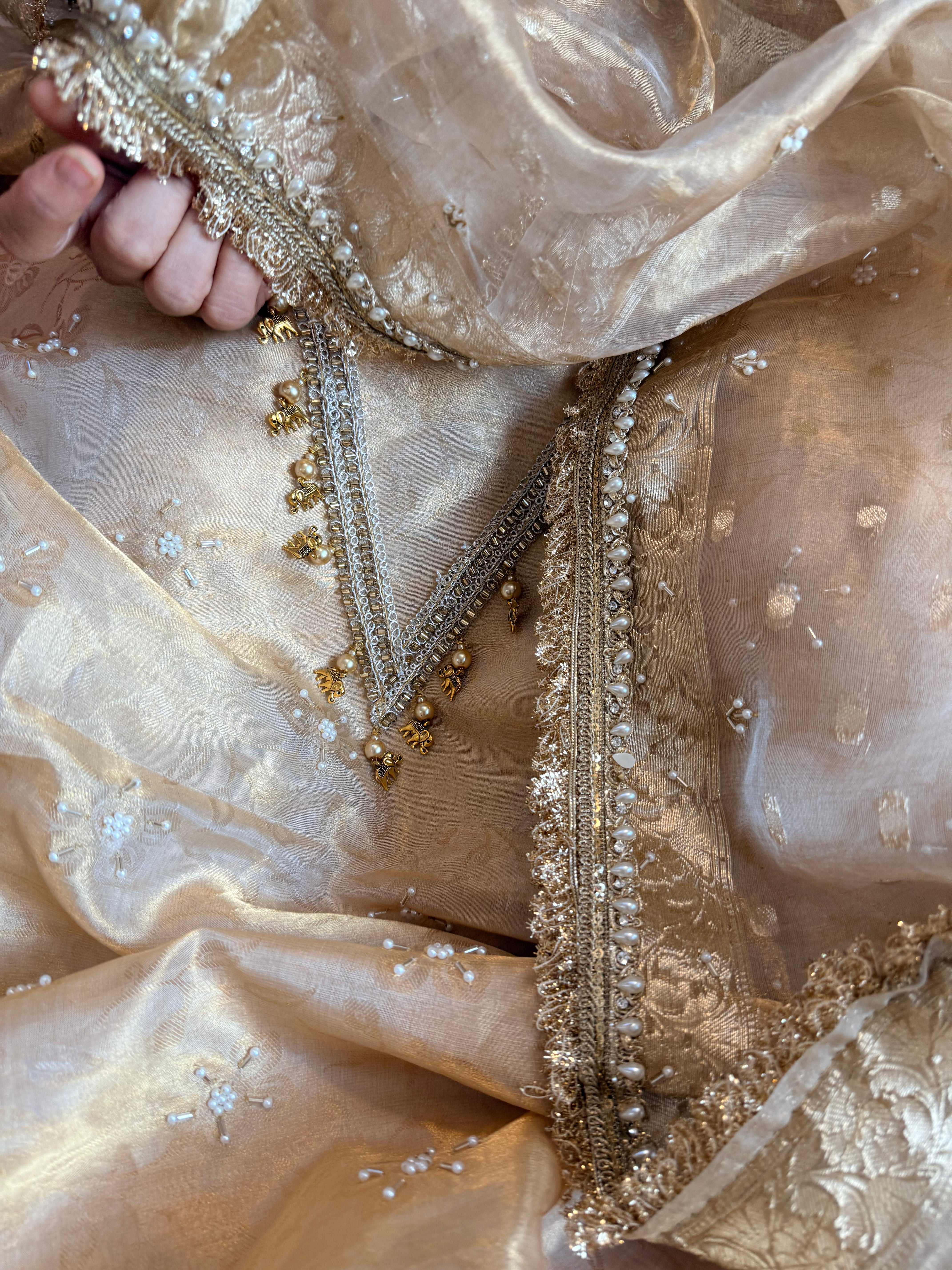Butter gold patola patchwork hand embroidered tissue silk suit set available on preorder of 10-15 days