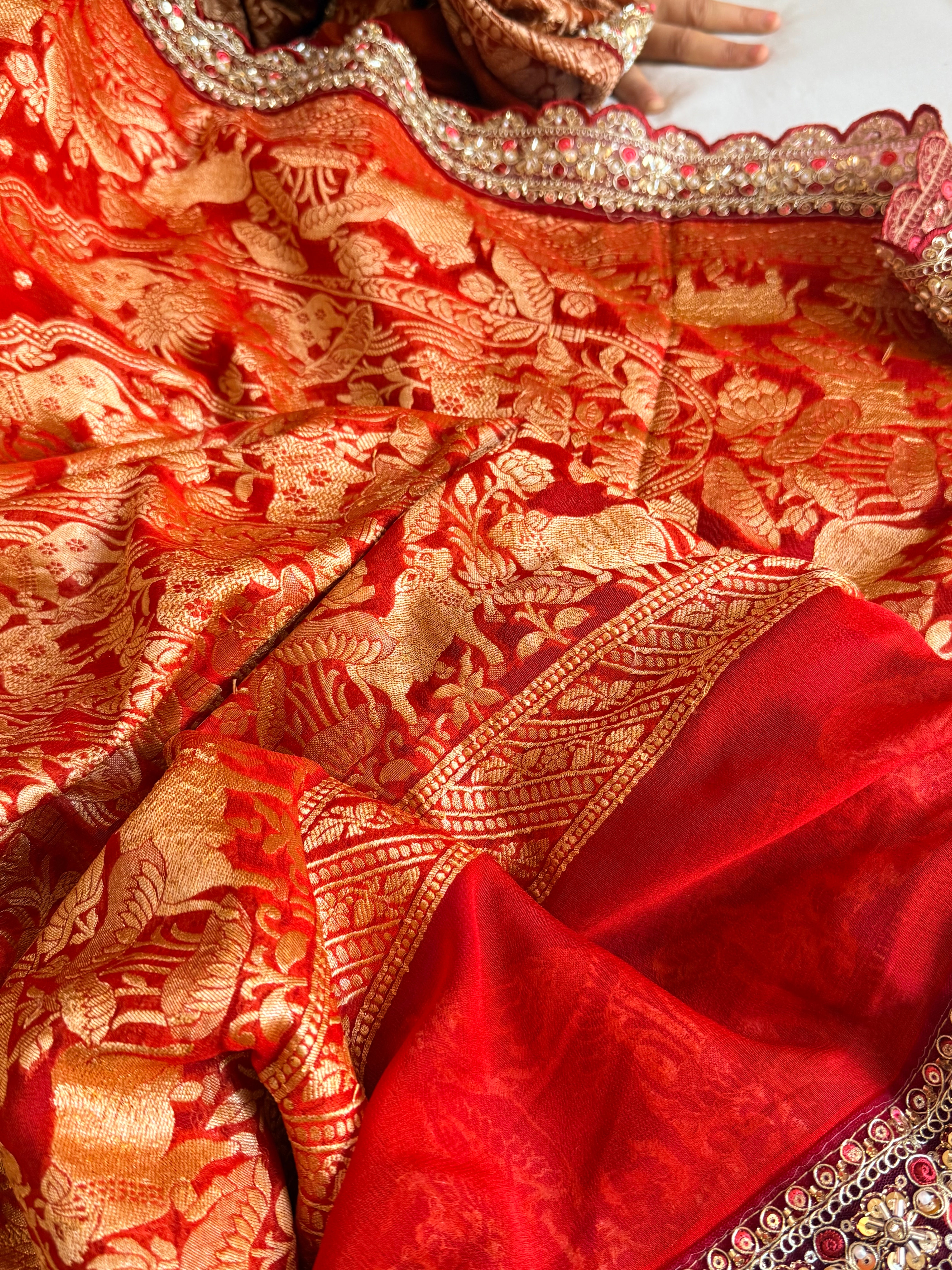 Vermilion red shikargah kadhwa border chiffon gorgette banarasi saree