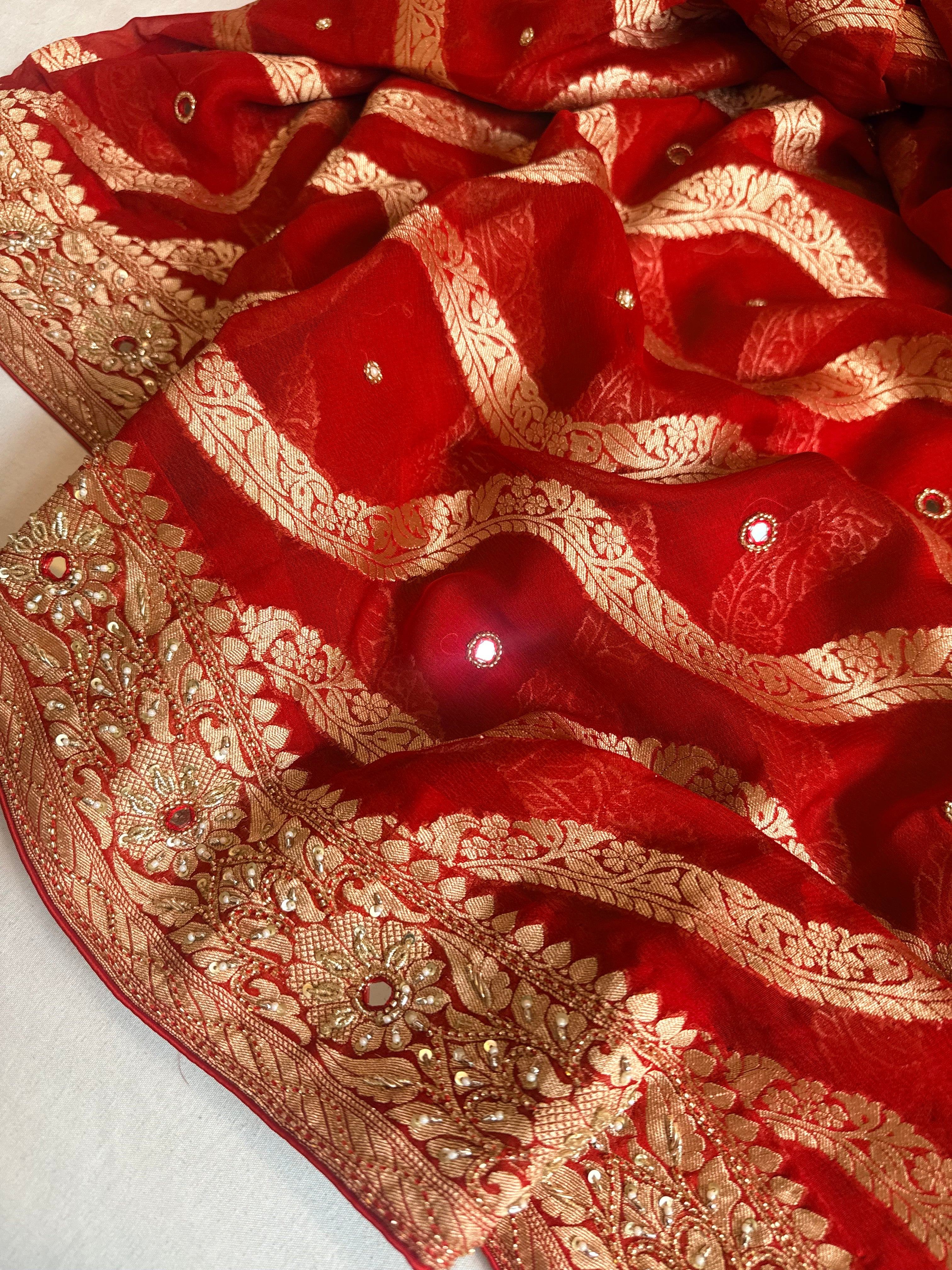 Bridal red chiffon gorgette hand embroidered kadhwa saree