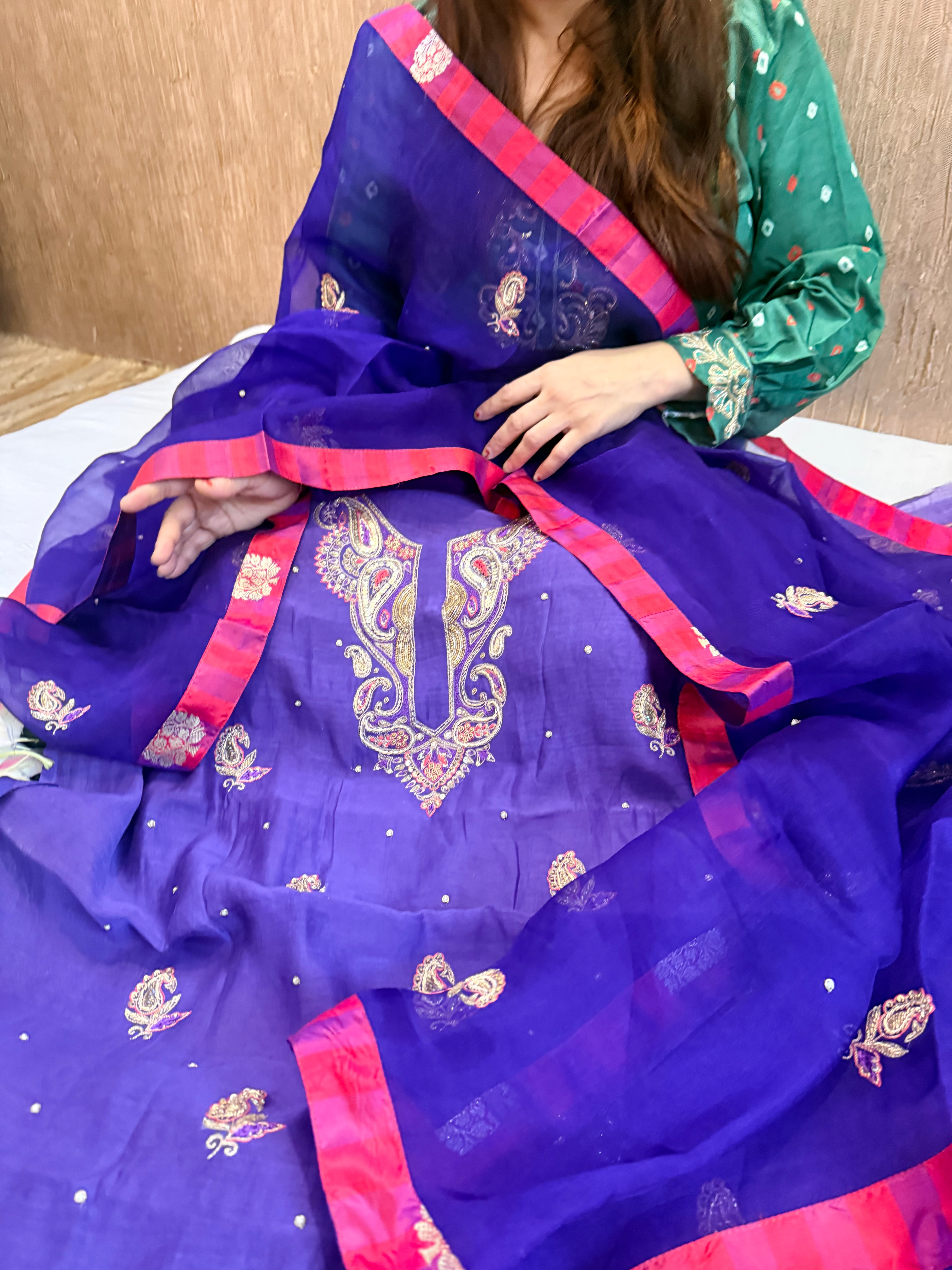 Electric blue kora silk gotapatti hand embroidered suit set