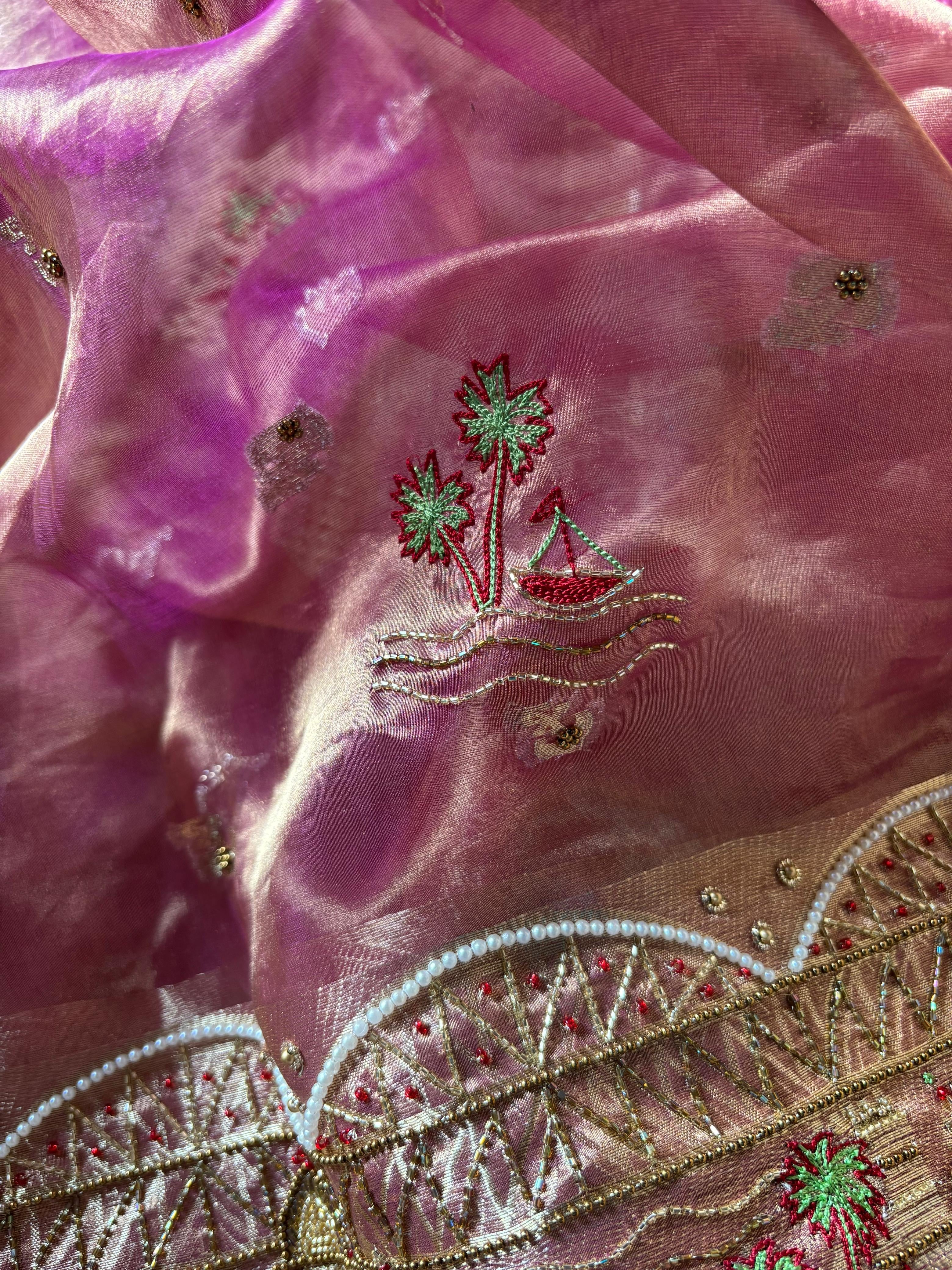 Gangakinare edit lotus purple tissue silk hand embroidered kadhwa saree