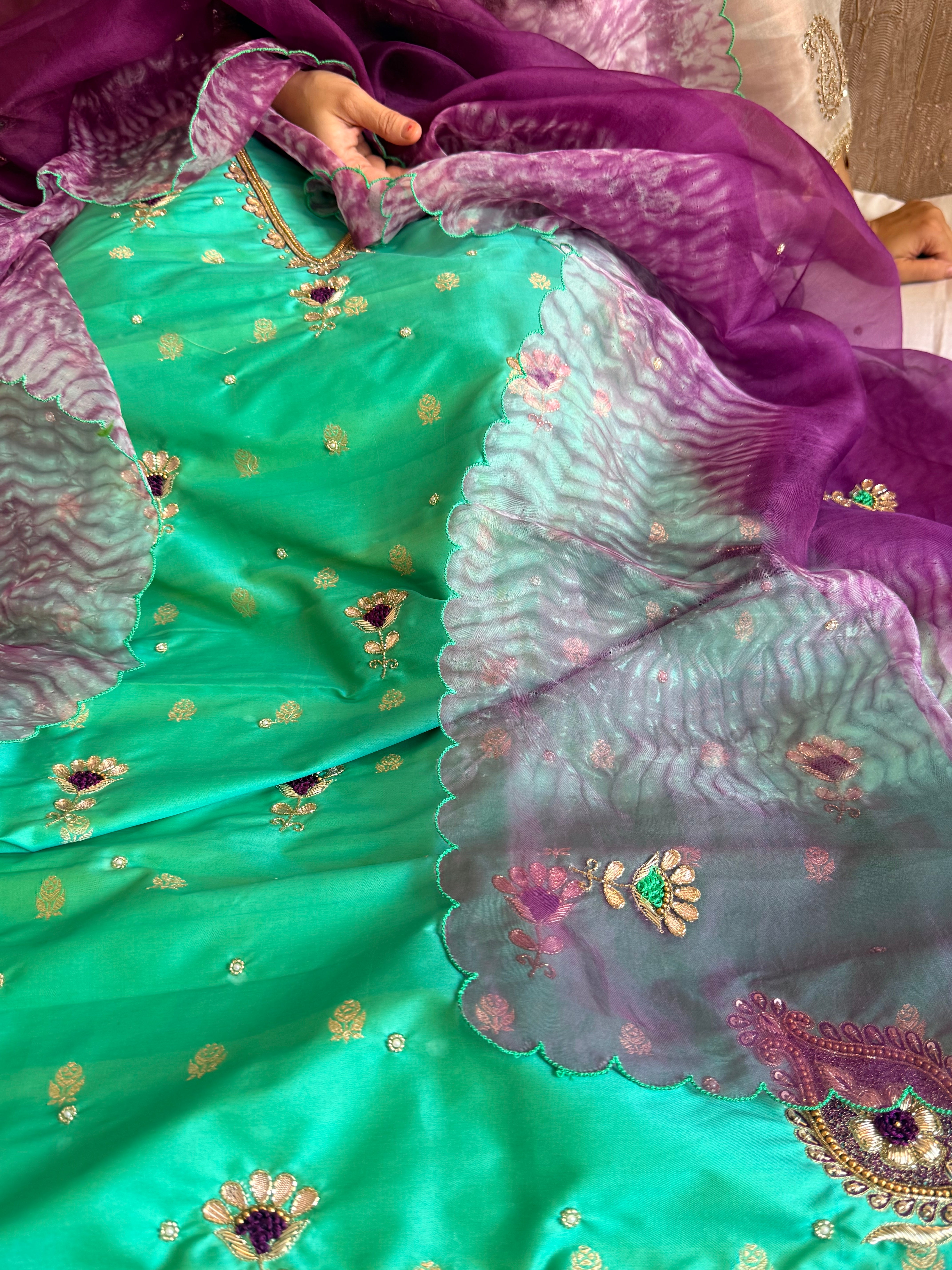 Katan silk hand embroidered banarasi kurta paired with kora silk duppata