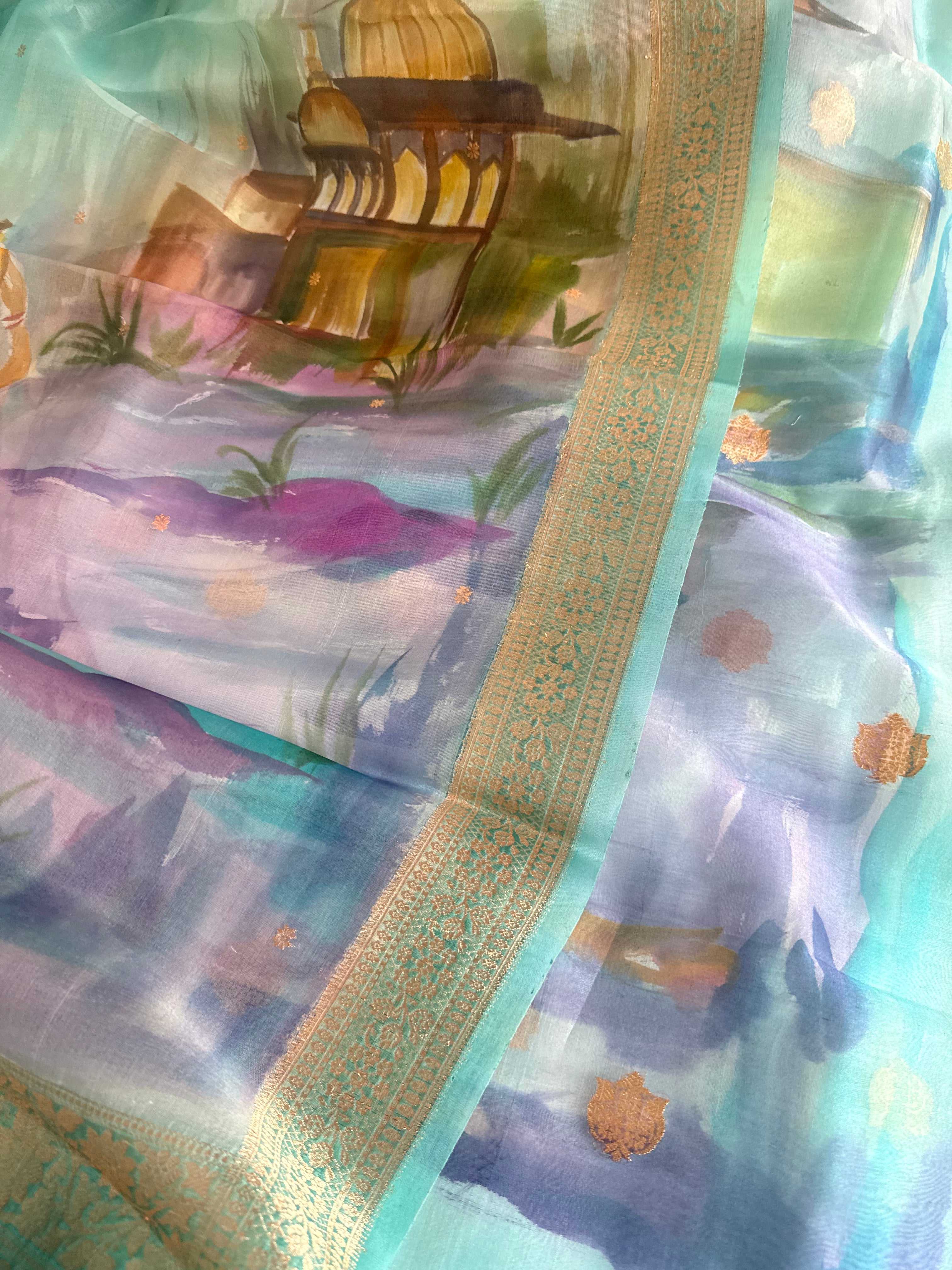 Banarasi kora silk handpainted ghatwork kadhwa buti rainbow dye suits