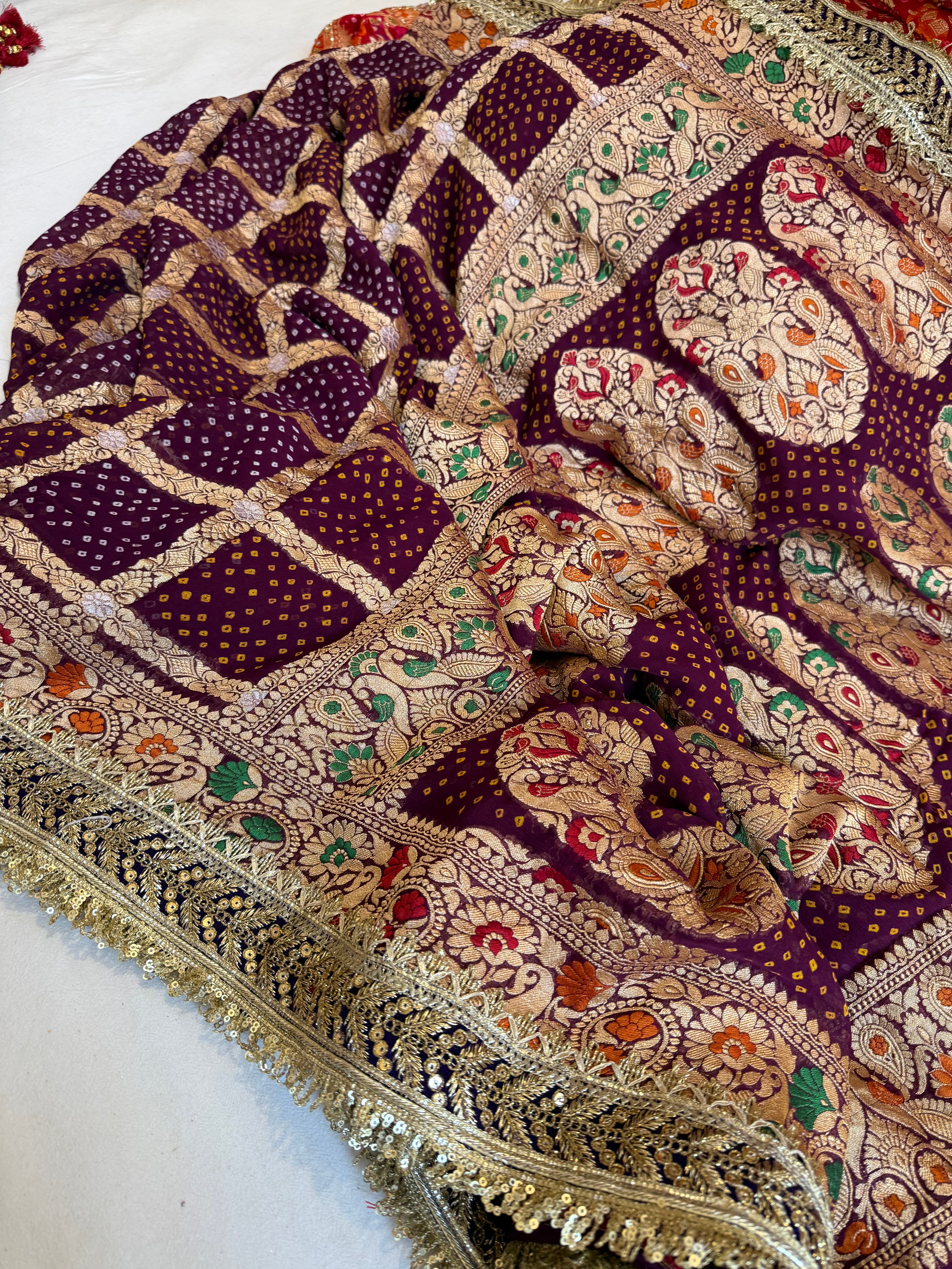 Banarasi rai bandhej gorgette gharchola gotapatti kadhwa saree