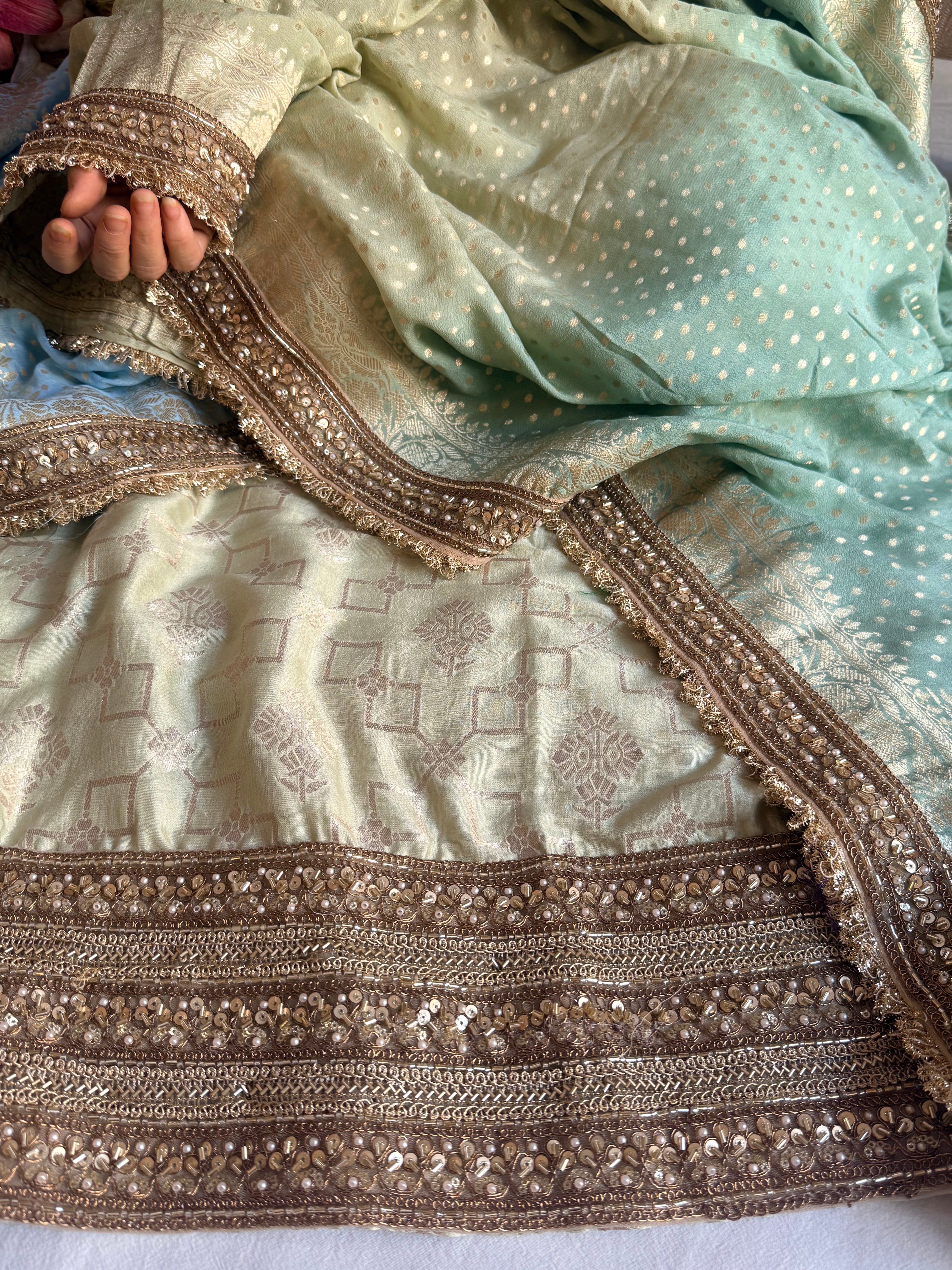 Multishaded moonga silk zardozi work hand embroidered suit sets