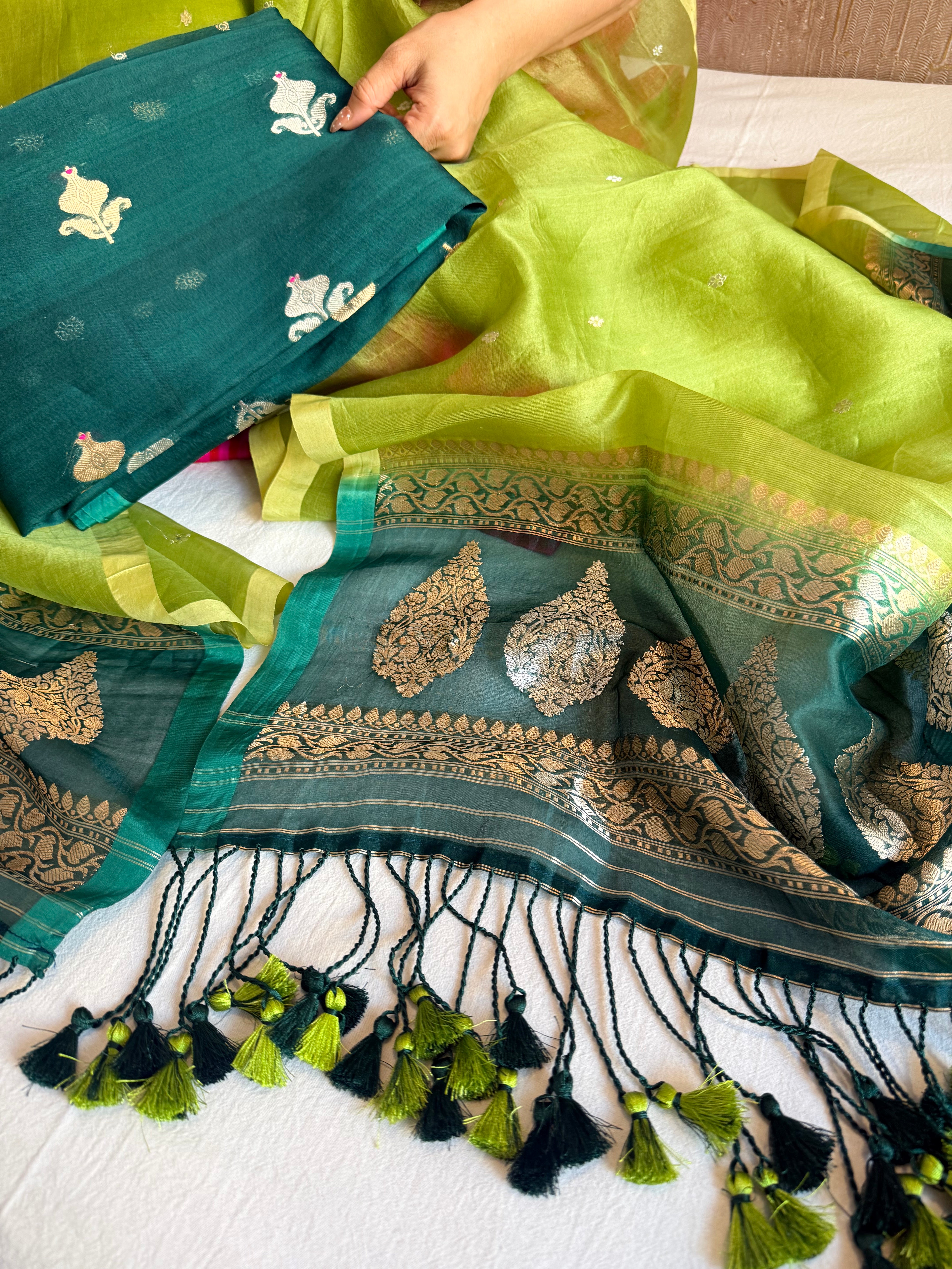 Olive green-bottle green shaded kora silk chal dye kadhwa banarasi suit set