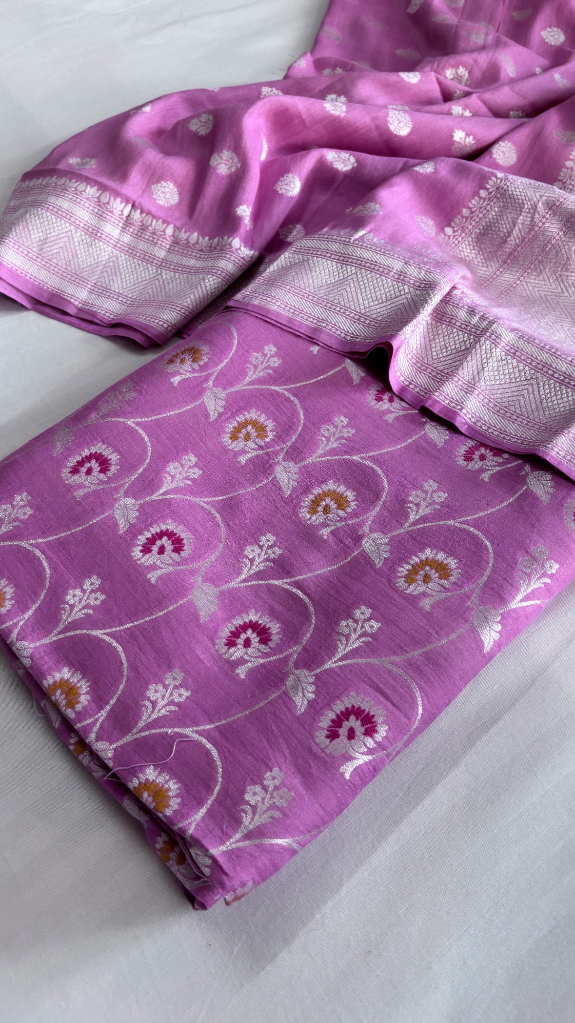 Blush pink silver zari jungla meenakari moonga silk suit set