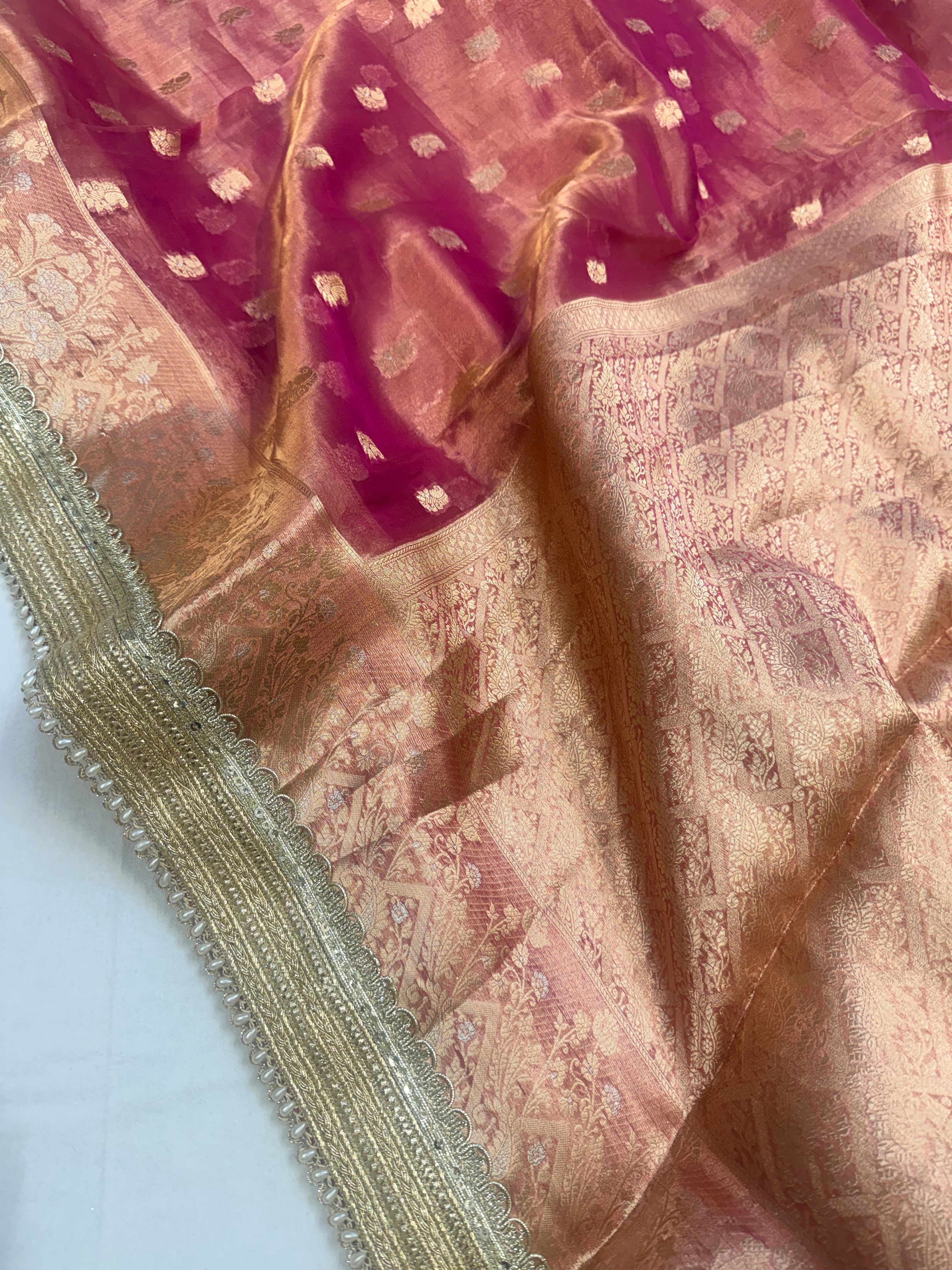 Rani pink tissue silk kadhwa buti gotapatti saree