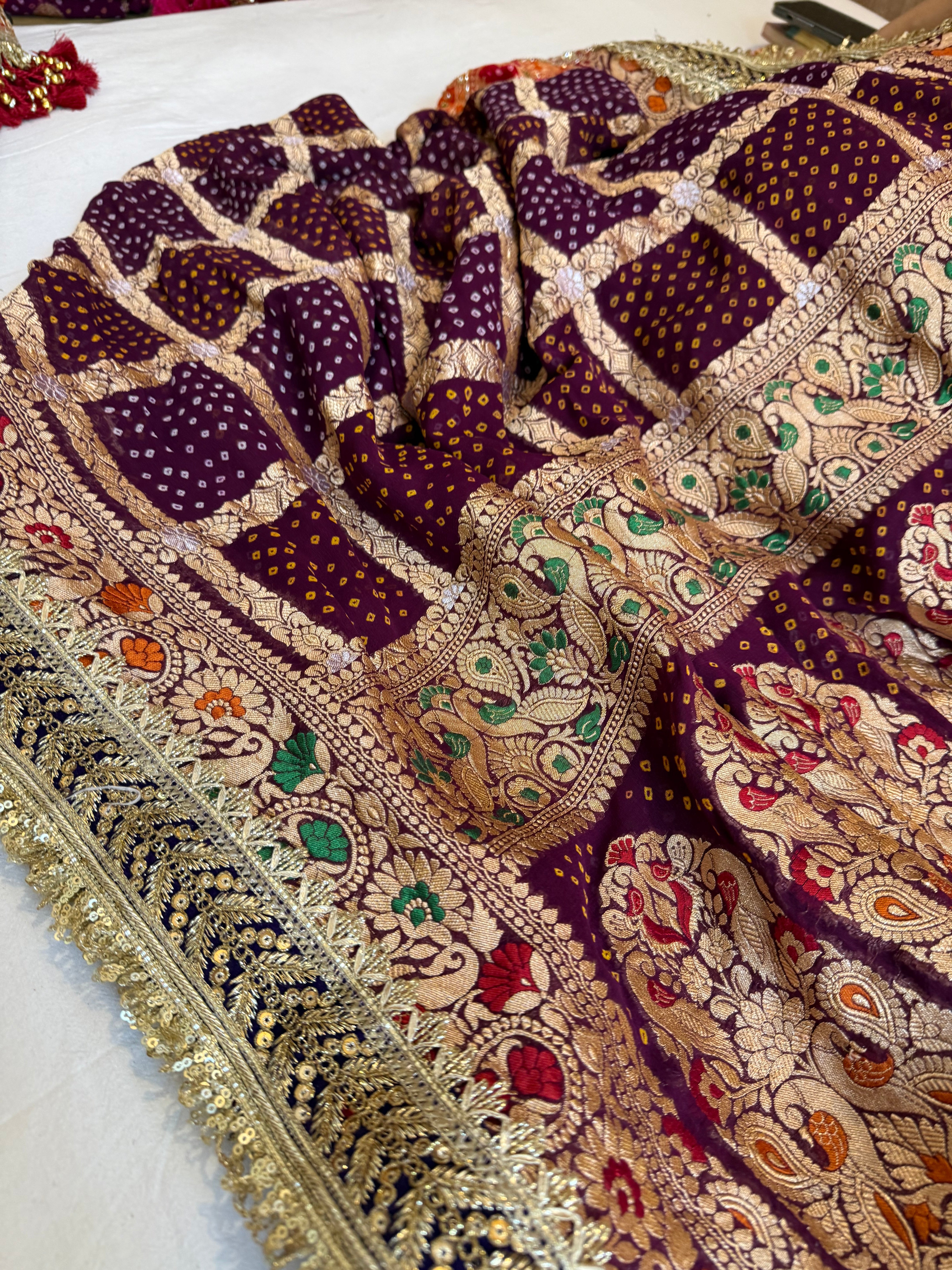 Banarasi rai bandhej gorgette gharchola gotapatti kadhwa saree
