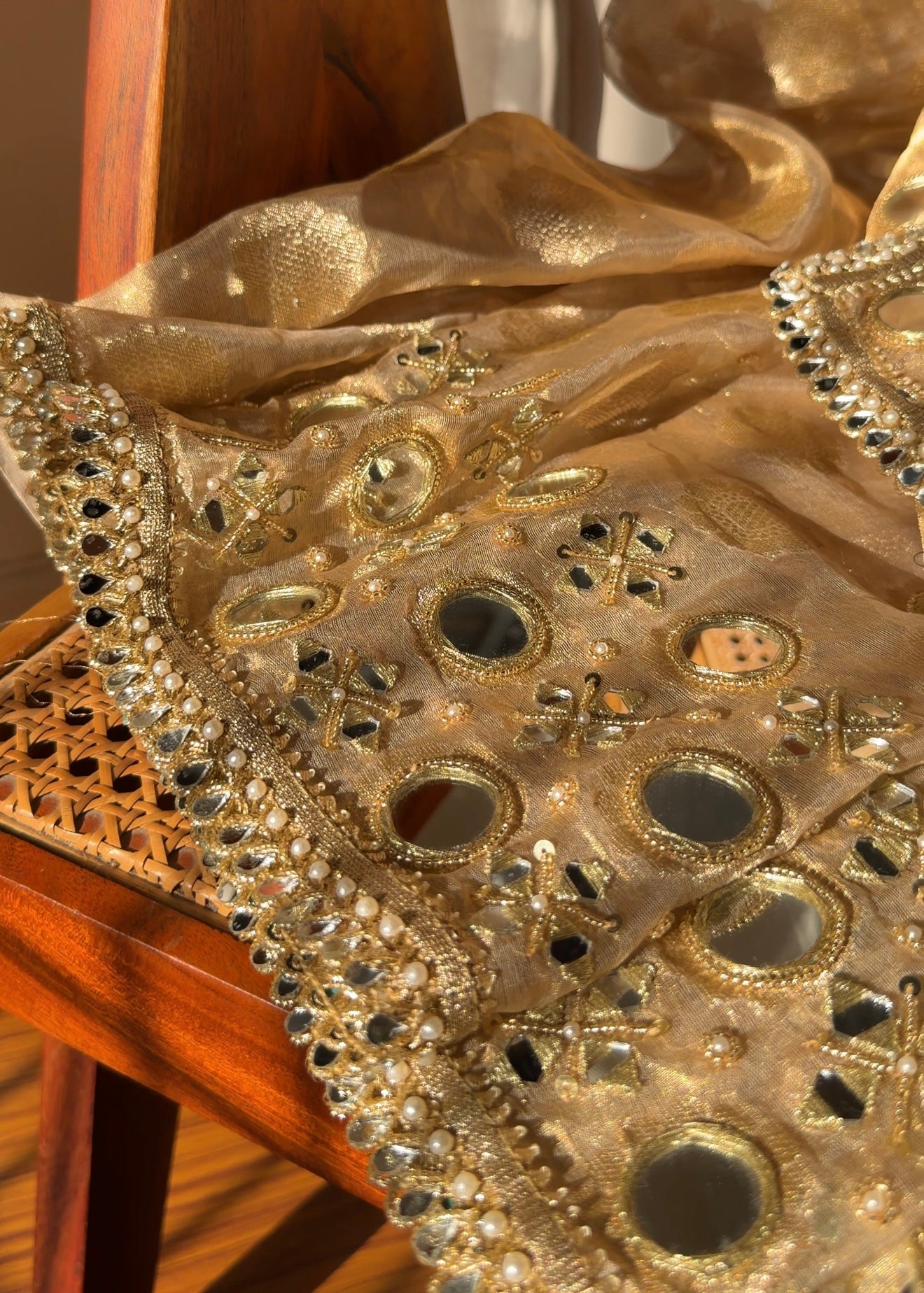 Butter gold kaanch wali mirrorwork hand embroidered tissue silk buti saree