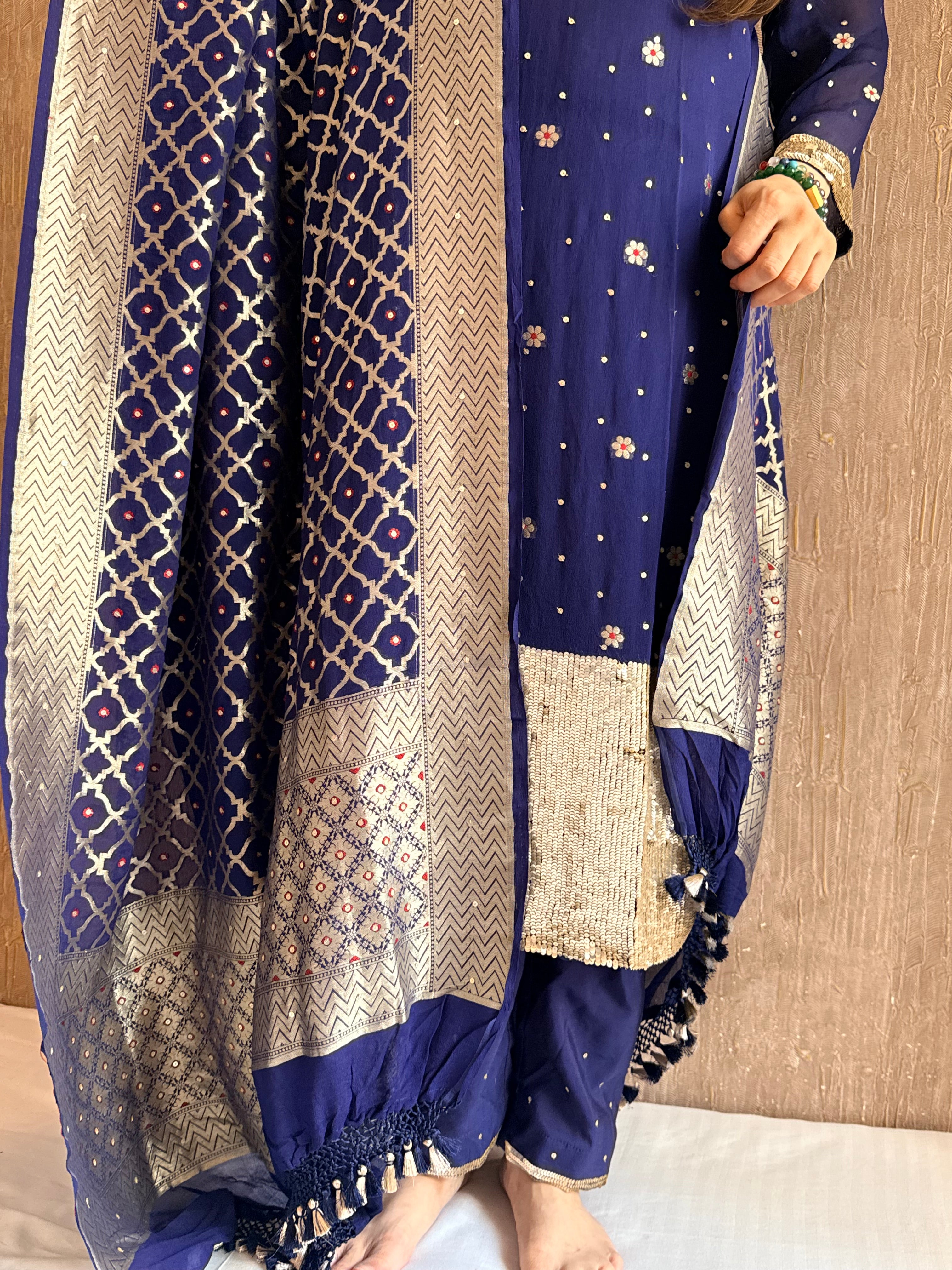 Navy blue salma sitara chiffon gorgette hand embroidered suit set ( STITCHED SIZE - M to L)