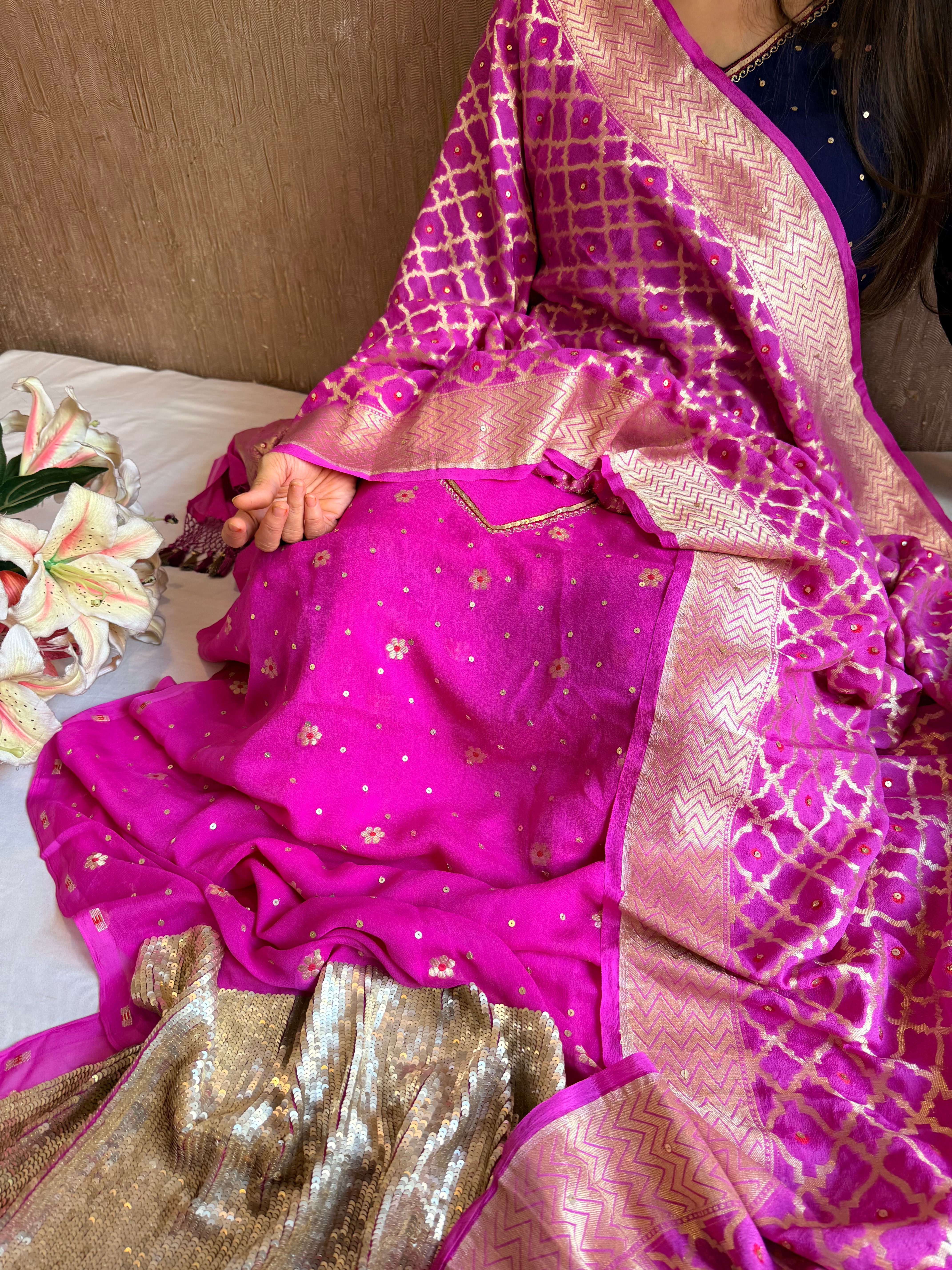Hot pink salma sitara chiffon gorgette hand embroidered suit set