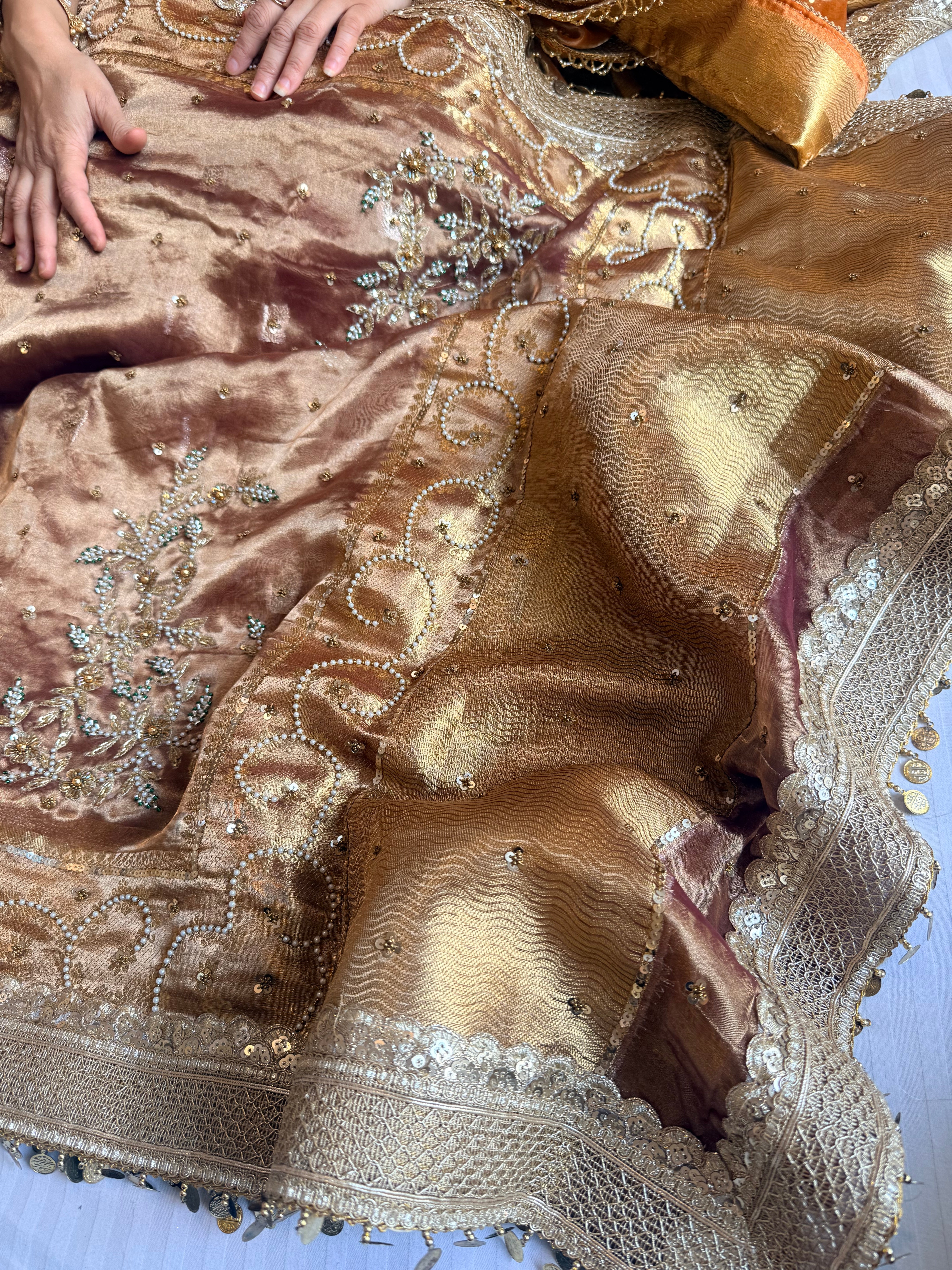 Salma-sitara molten brown tissue silk antique work hand embroidered saree