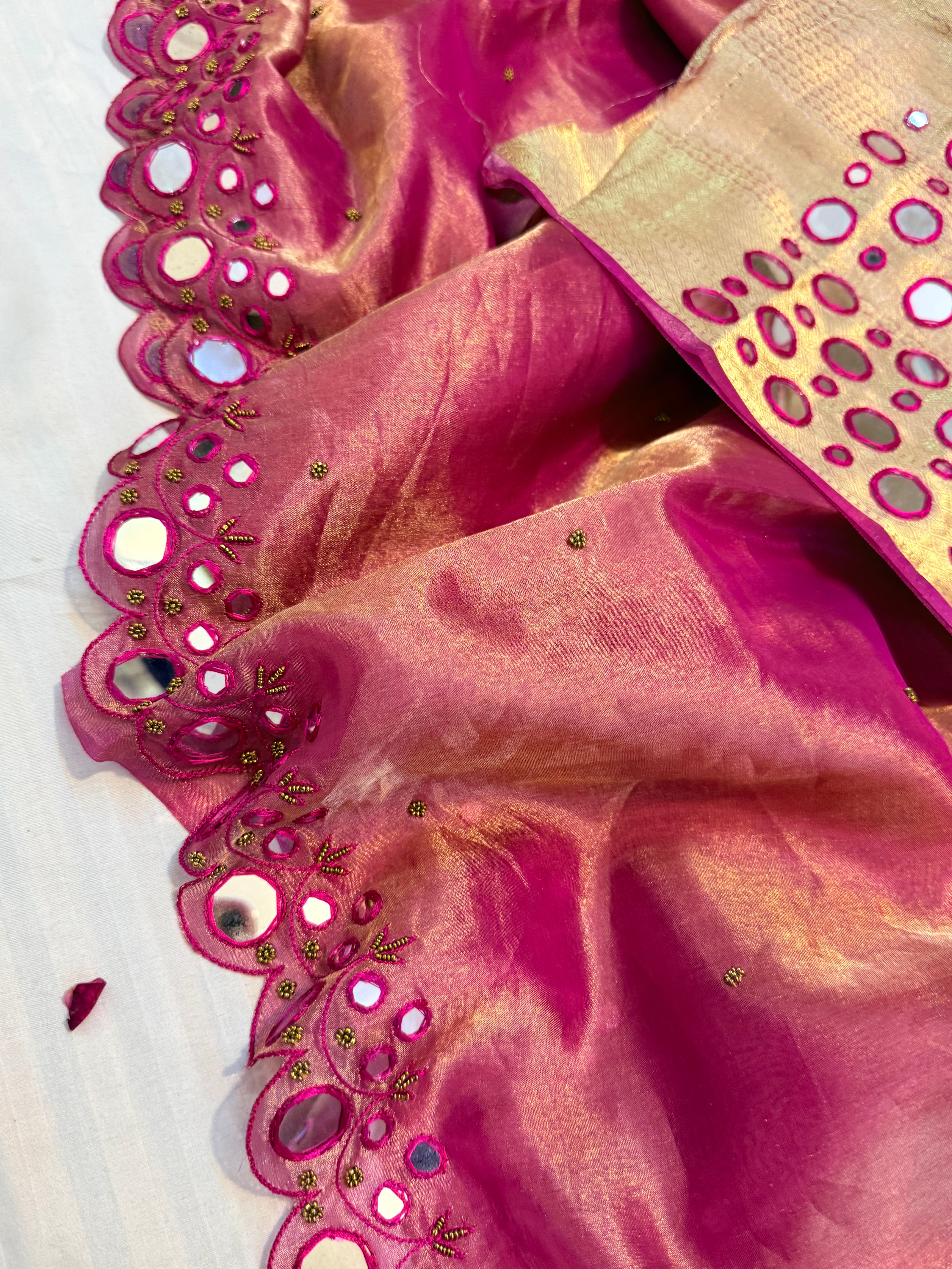 Sheeshe wali hot pink tissue silk mirrorwork hand embroidered banarasi saree