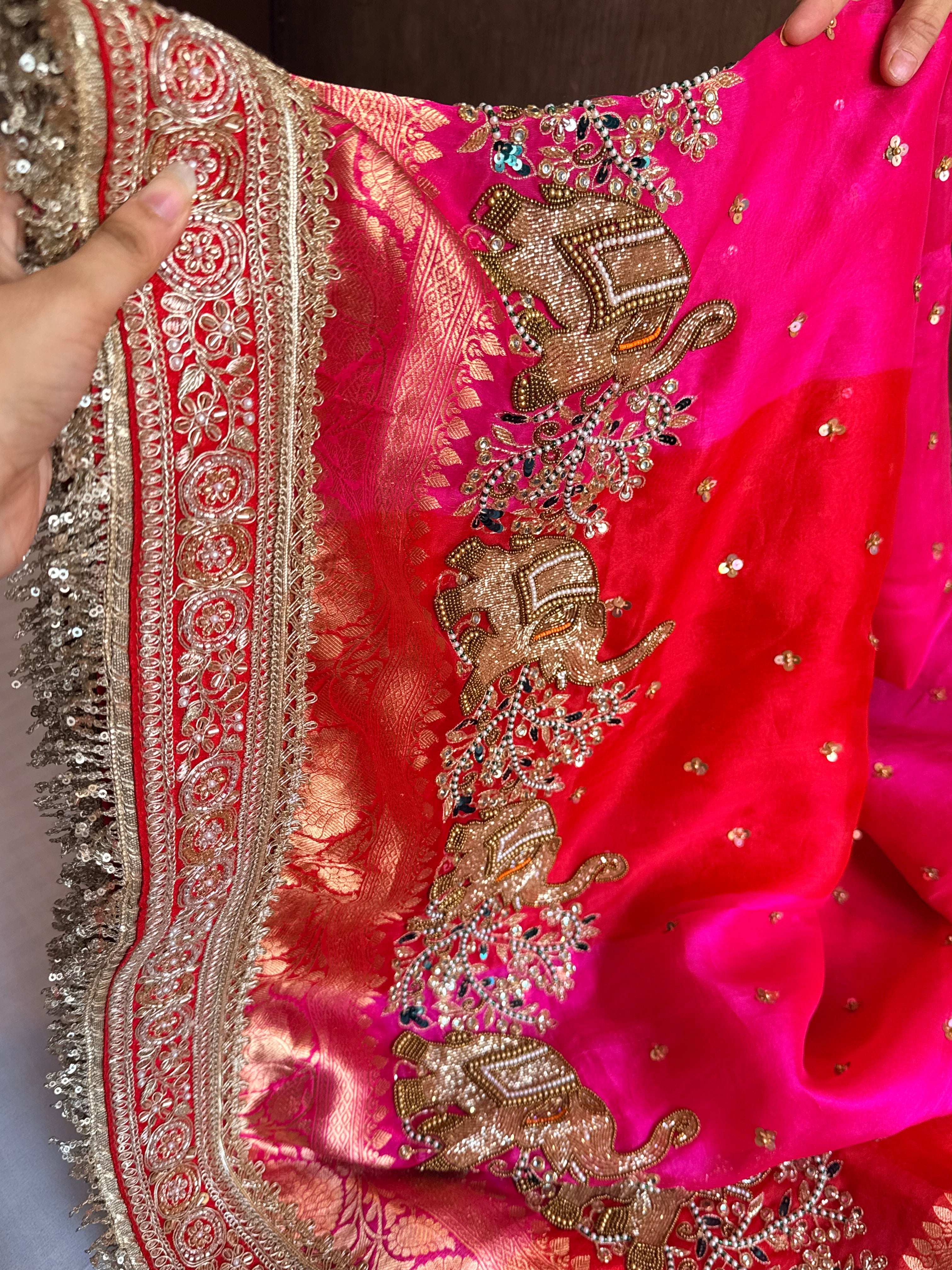 Red-Rani ombre shaded kora silk chunri buti hand embroidered saree