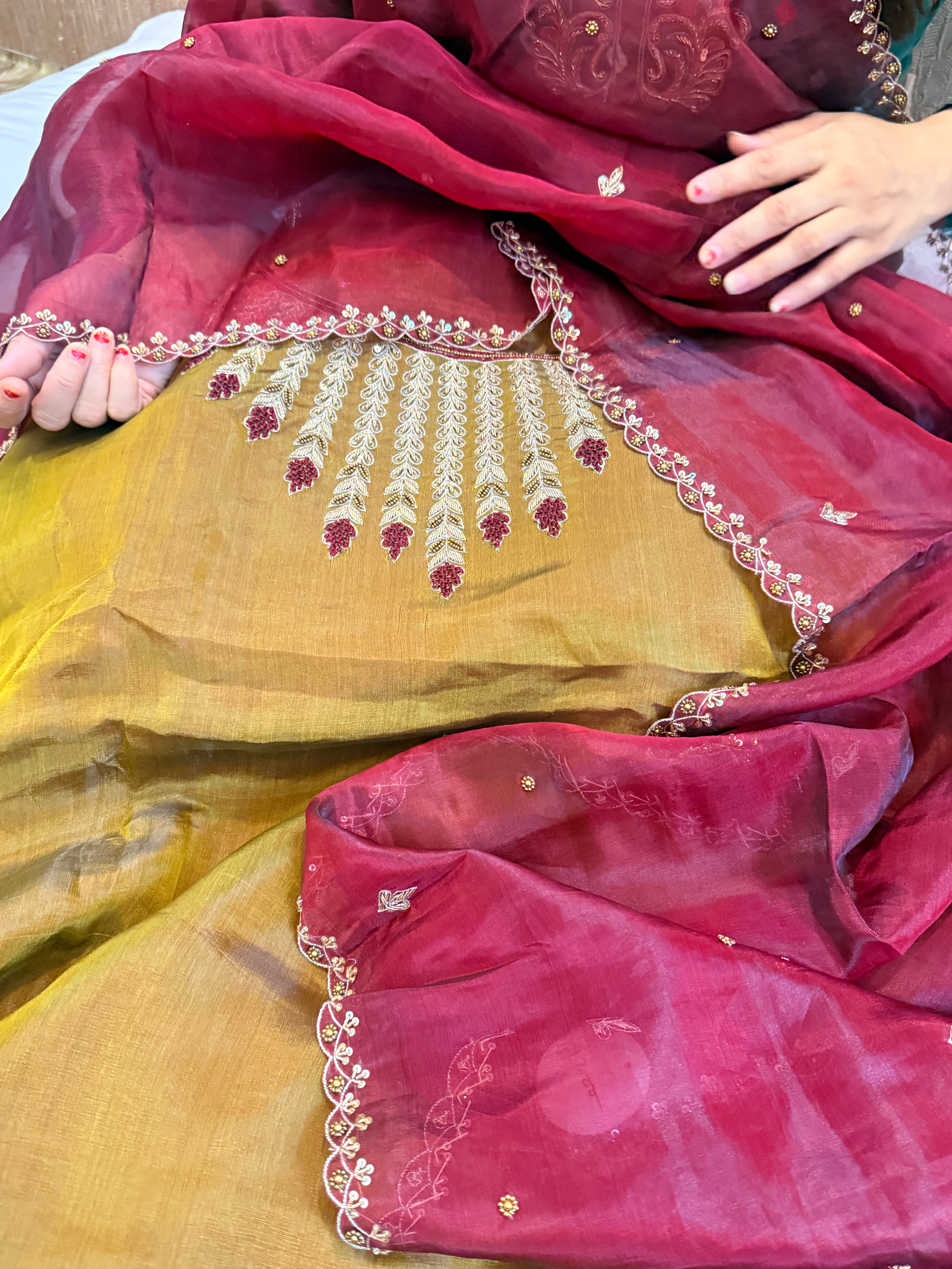 Olive gold-plum kora silk gotapatti hand embroidered suit set