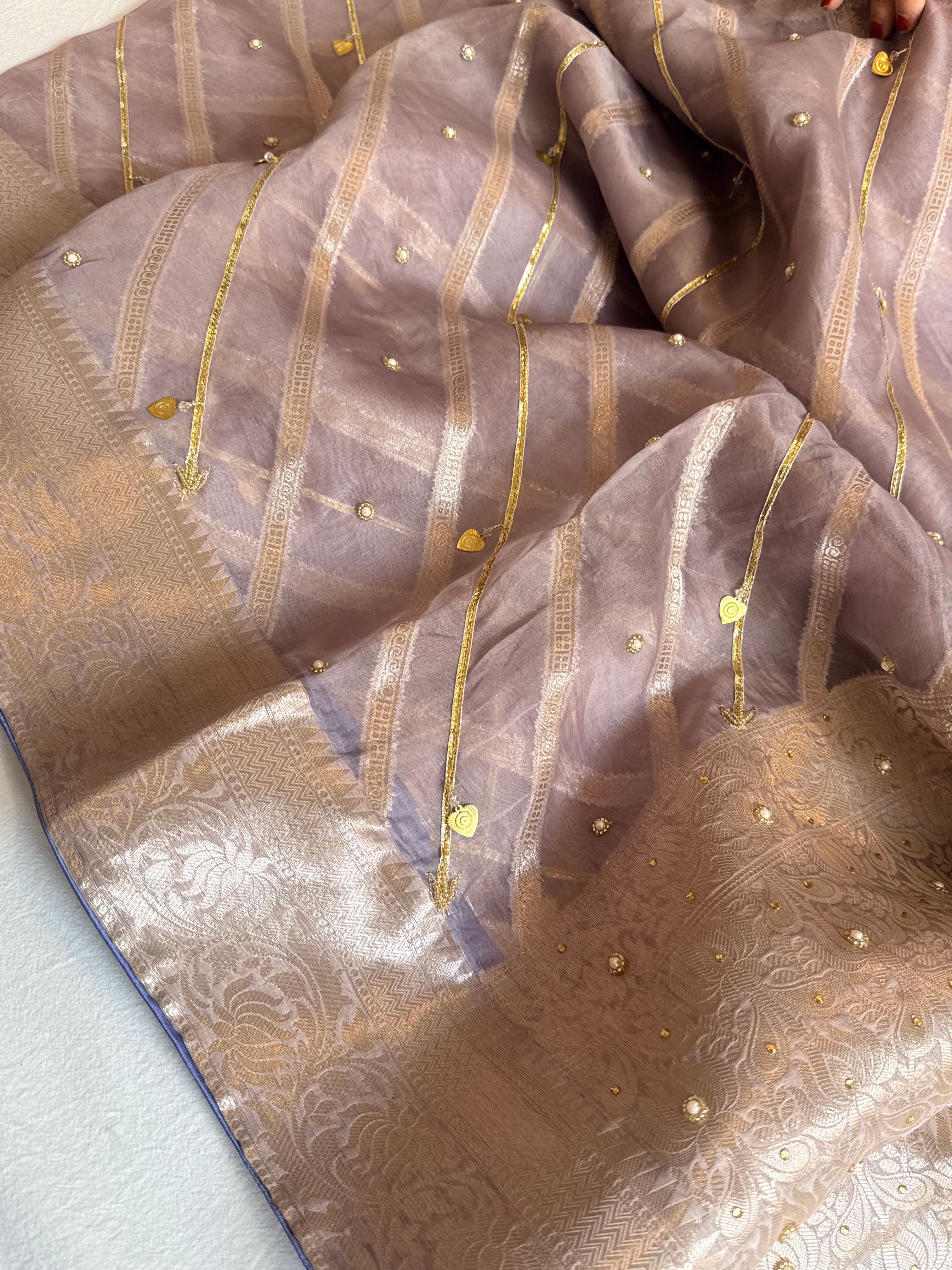 Kora silk kadhwa striped gotapatti work hand embroidered saree