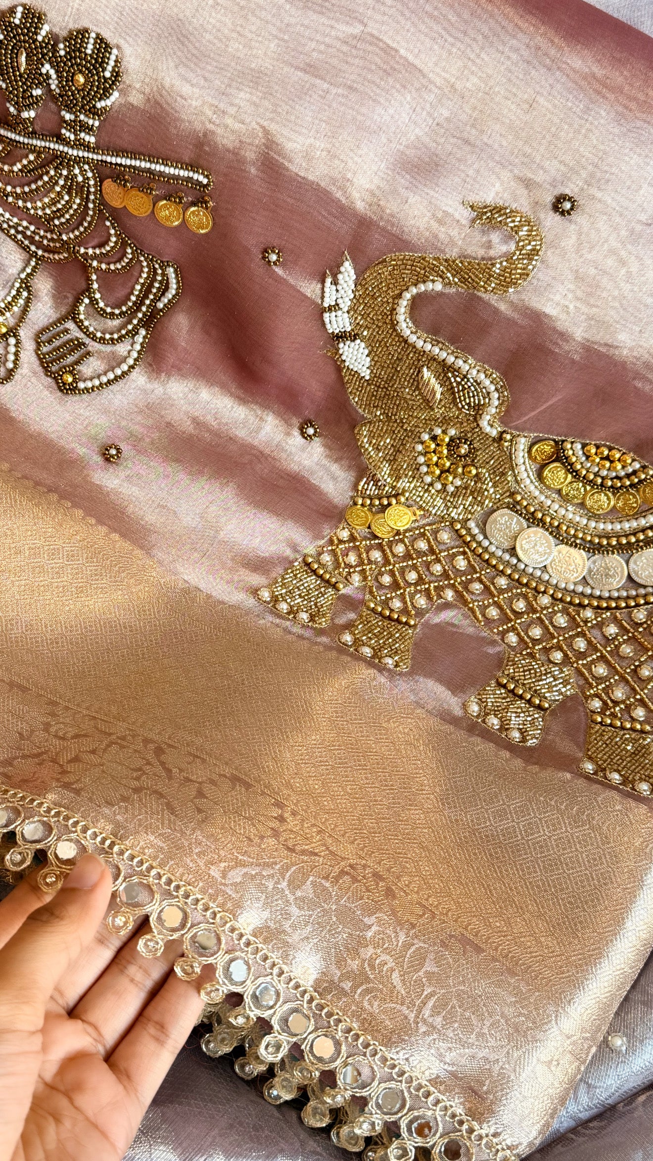 Gulabi jadau edit - Soft pink tissue silk jadau work hand embroidered saree
