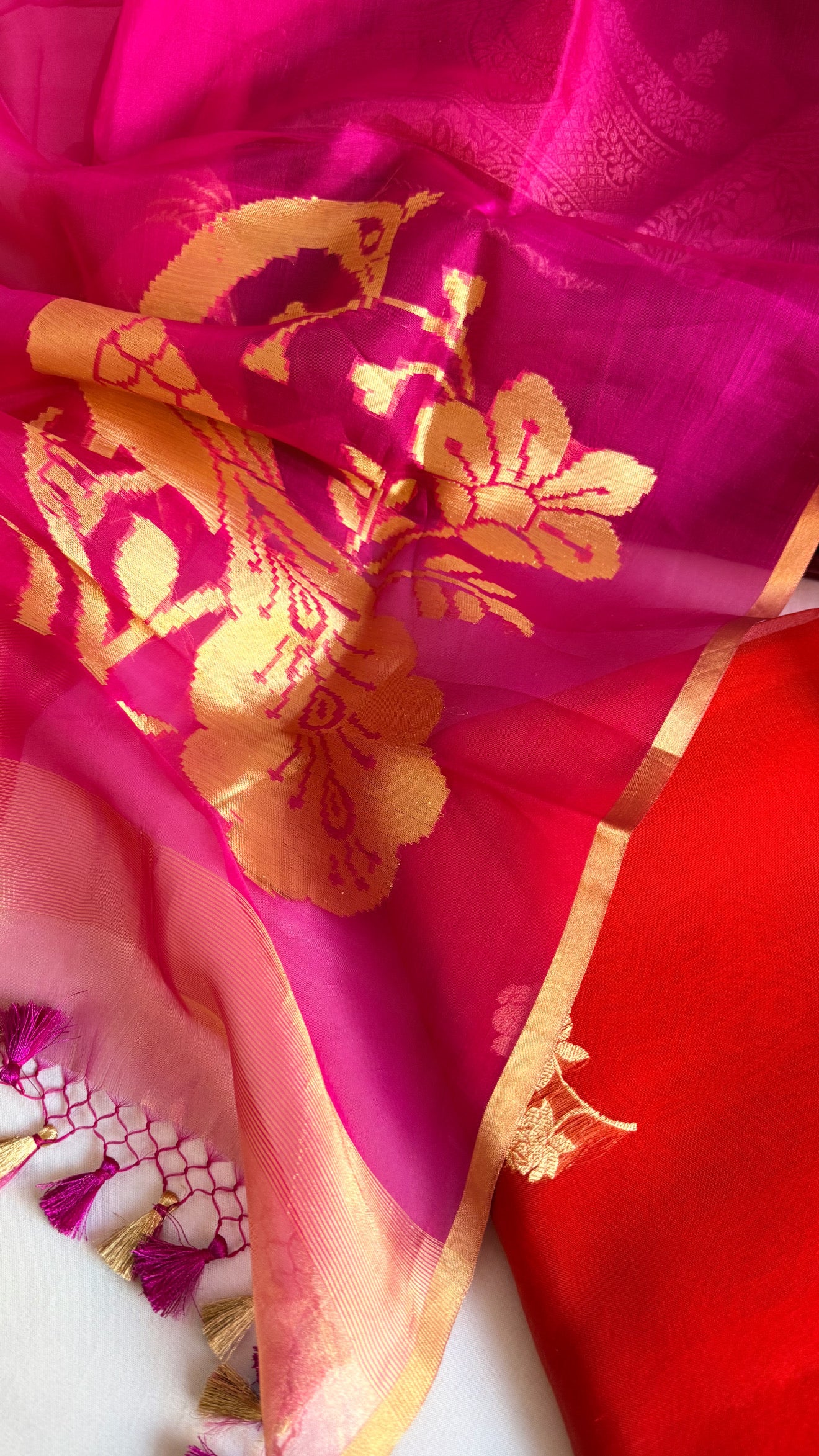 Peacock motif kora silk kadhwa mustard-red combination suit set