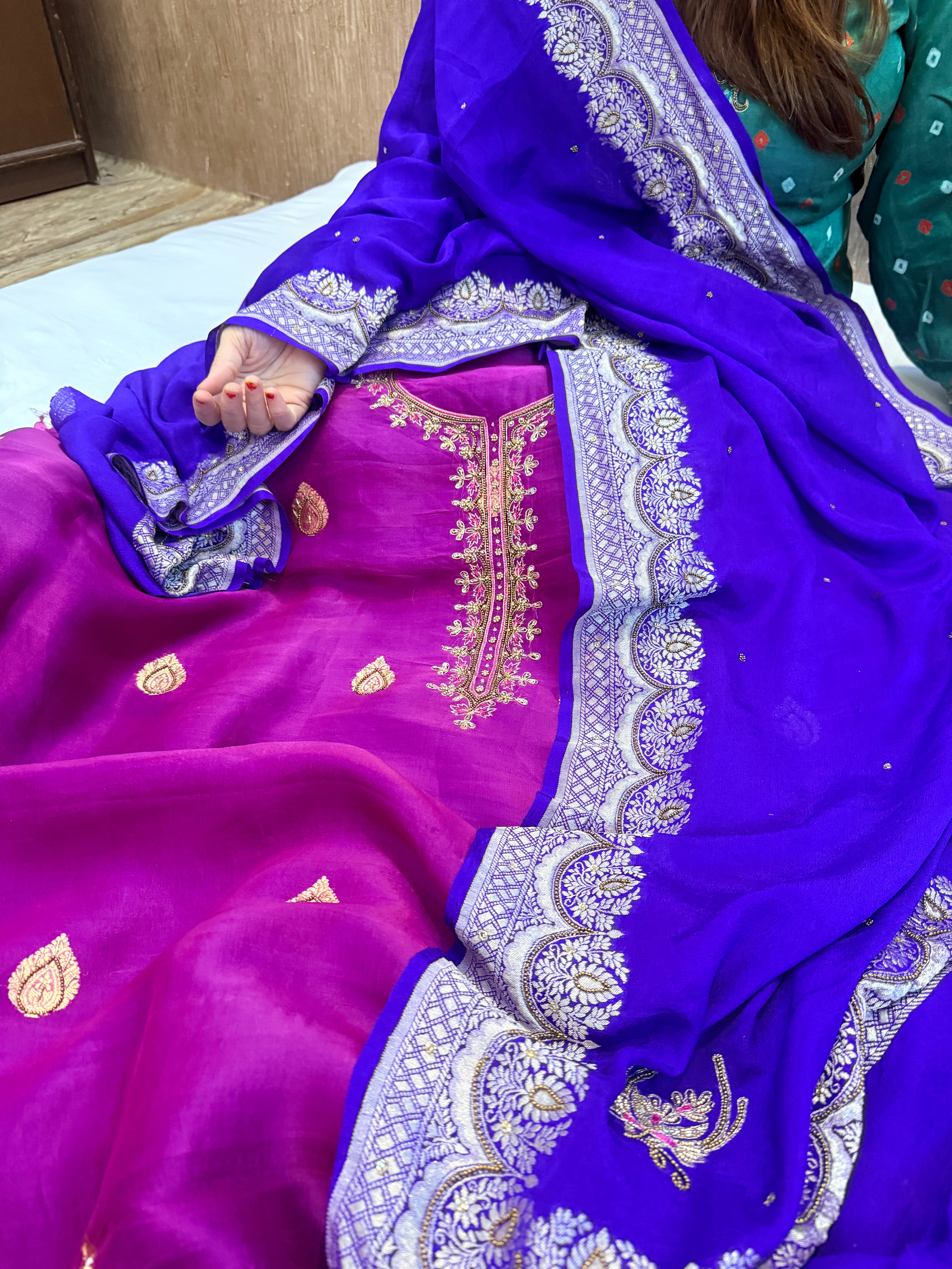 Electric purple-blue kora silk gotapatti hand embroidered suit set