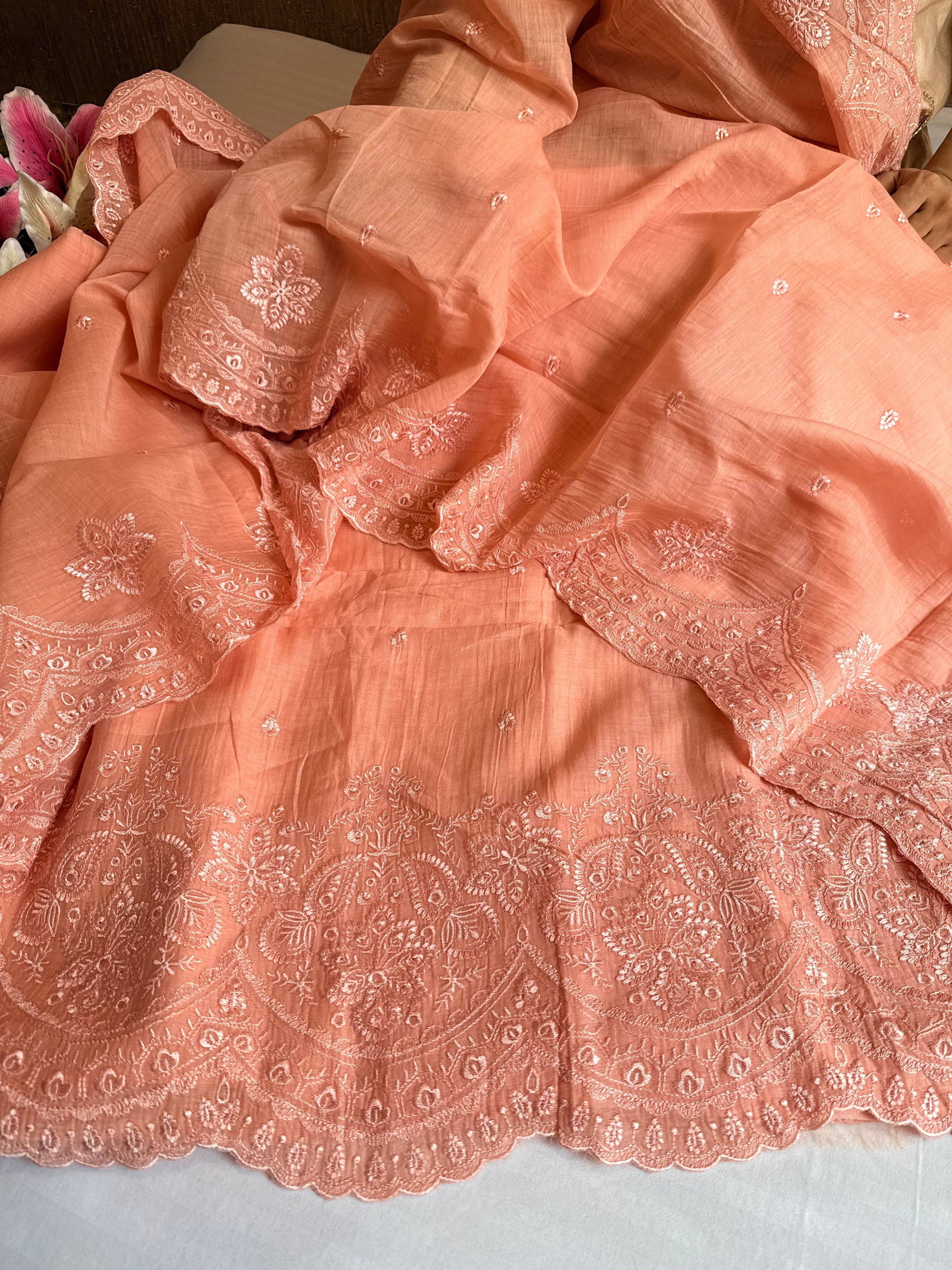 Peach mul cotton thread hand embroidered suit set