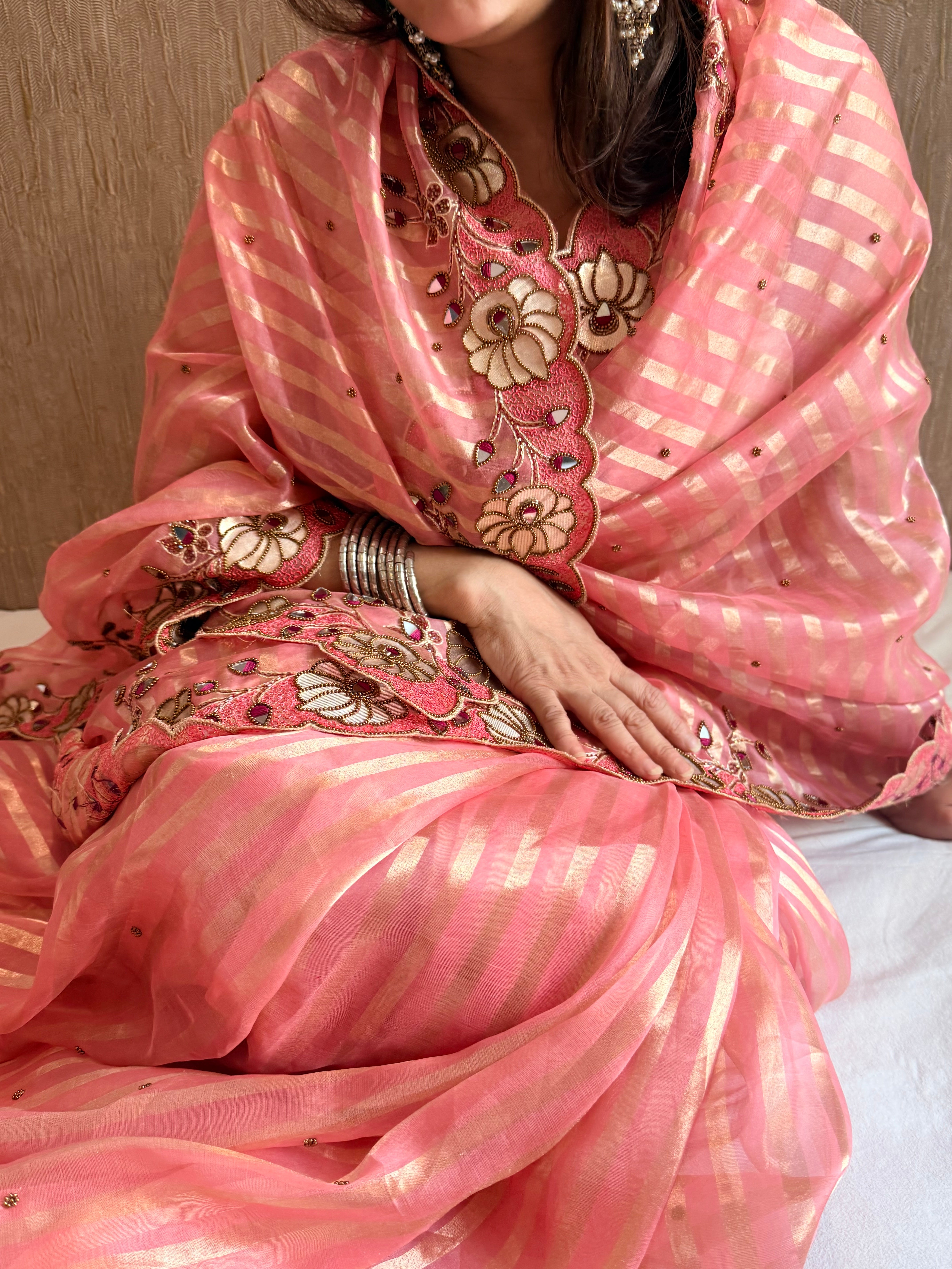 Phool wali rangeen tissue silk striped rangkaat hand embroidered saree