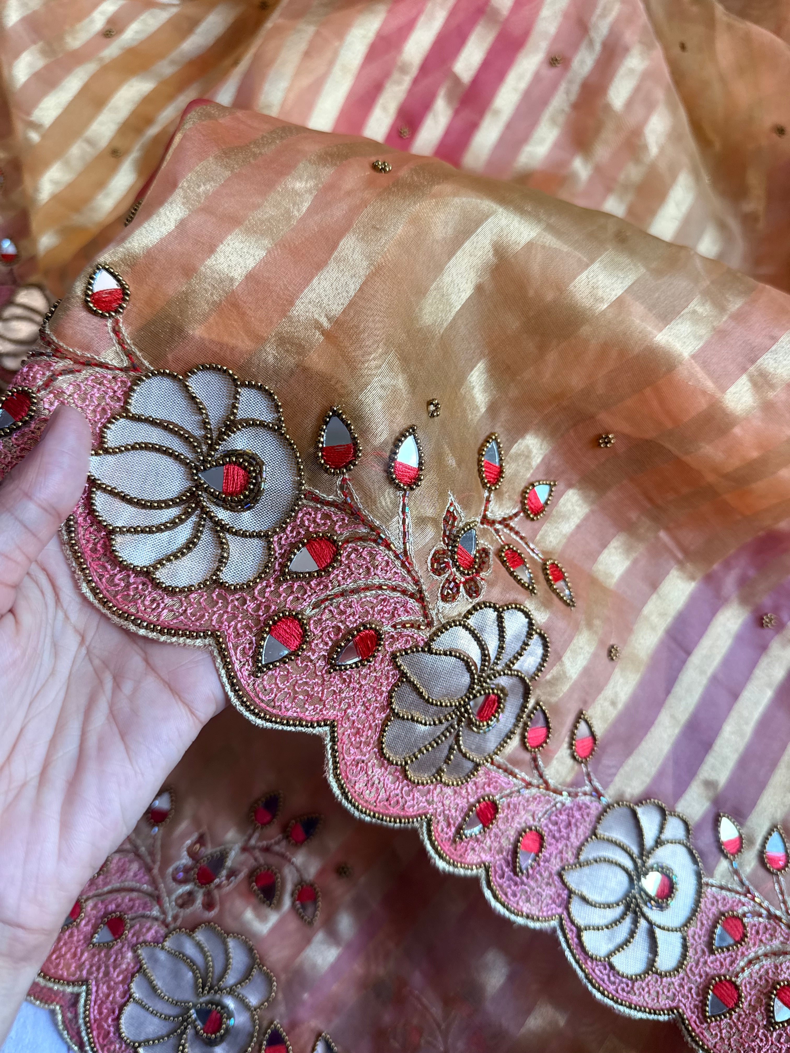 Phool wali rangeen tissue silk striped rangkaat hand embroidered saree