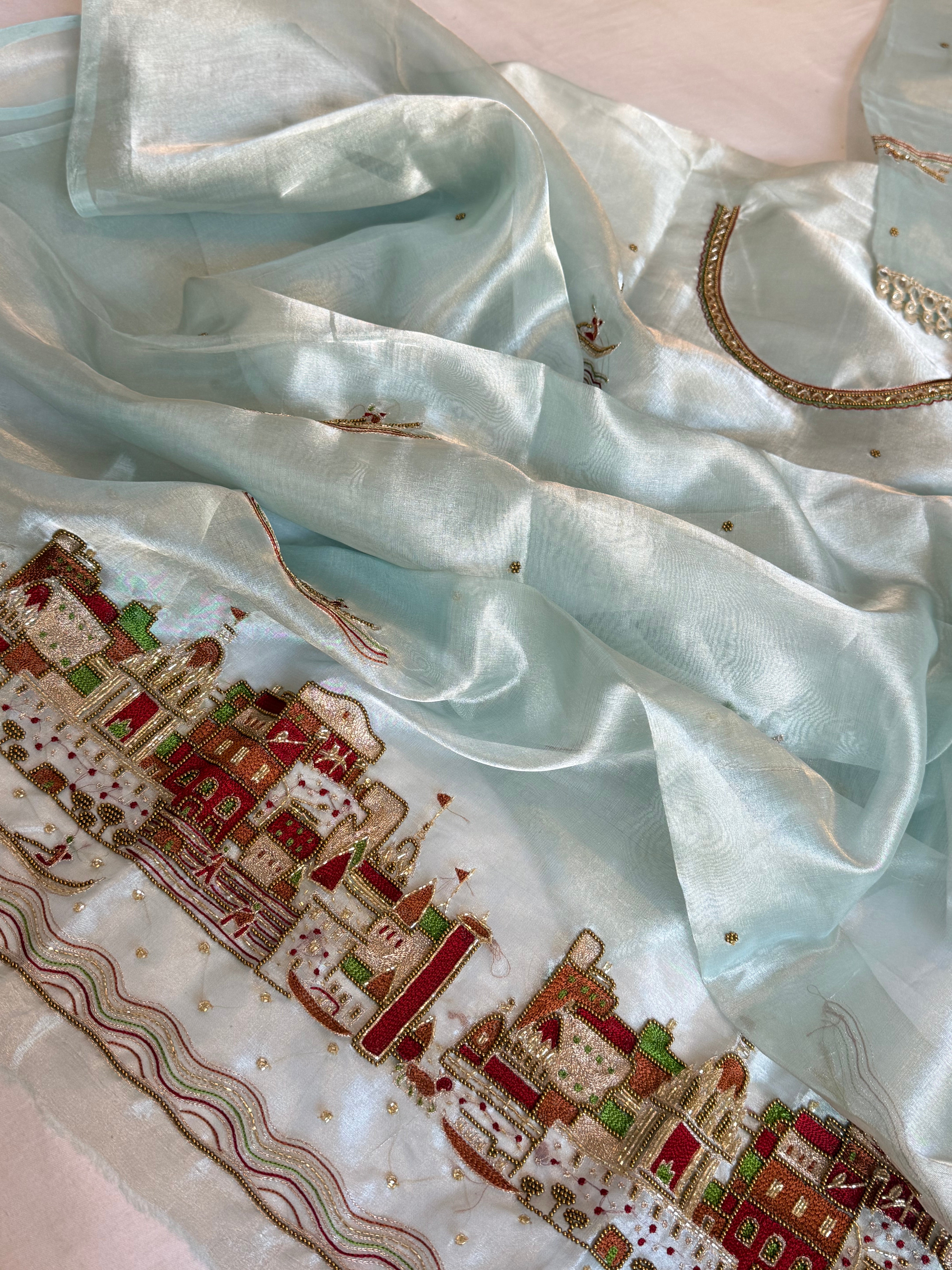 Ghat Banarasiya edit - Ice water blue diamond tissue silk hand embroidered suit