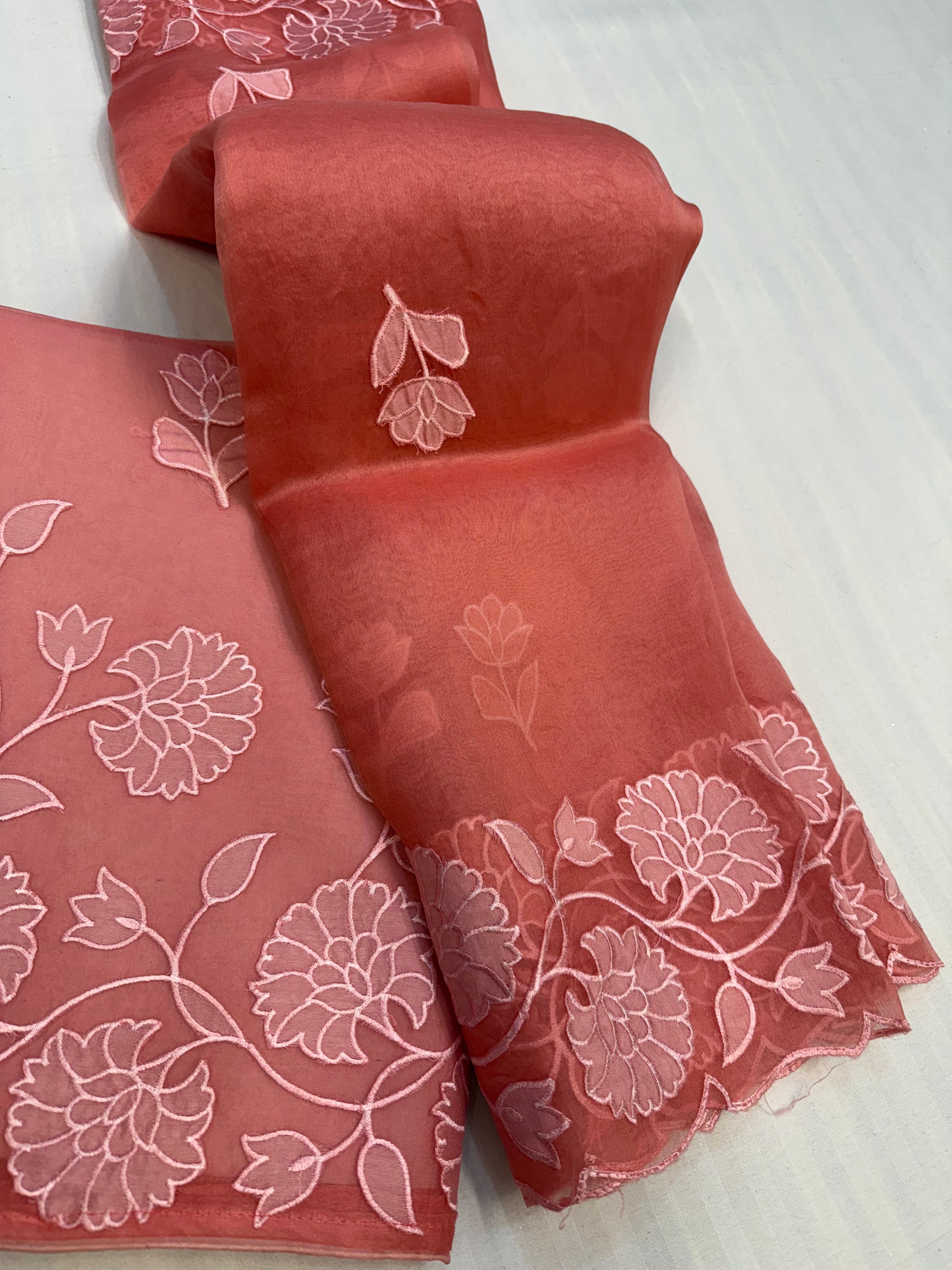Kora silk appliqué work hand embroidered kadhwa suit set
