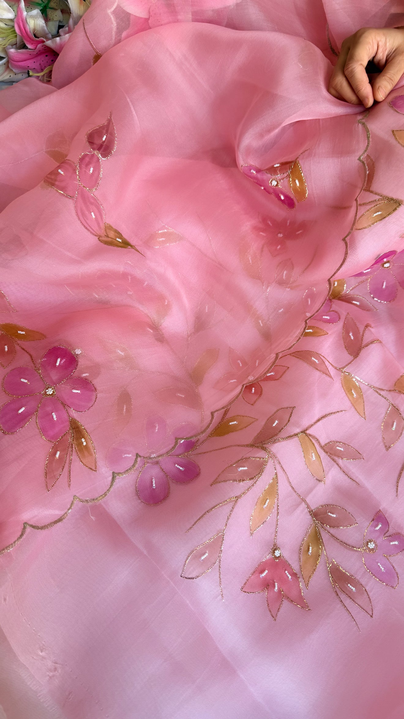Baagicha edit - Banarasi kora silk handpainted floral hand embroidered suit set