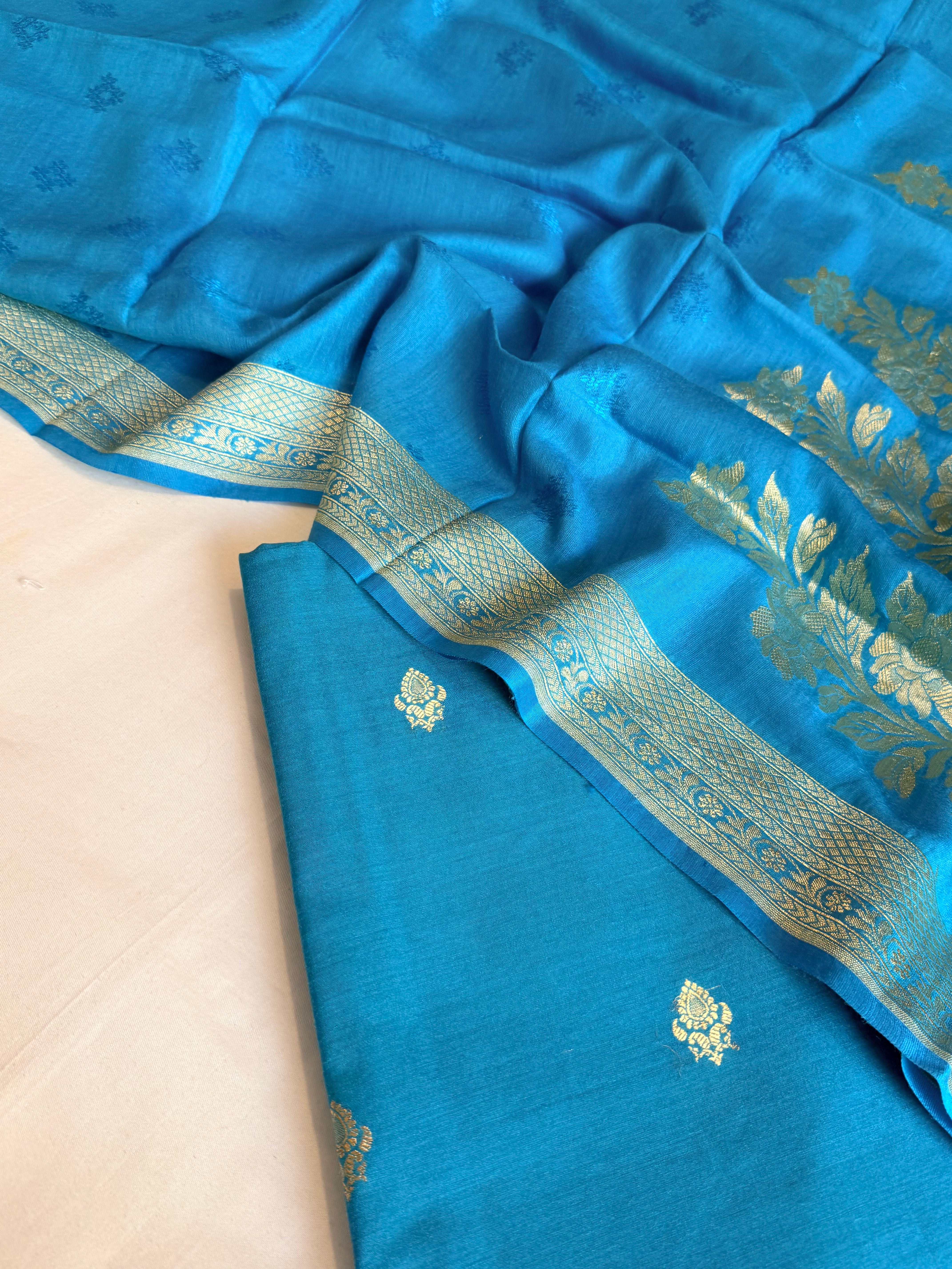 Moonga silk sea blue kadhwa jungla duppata suit set