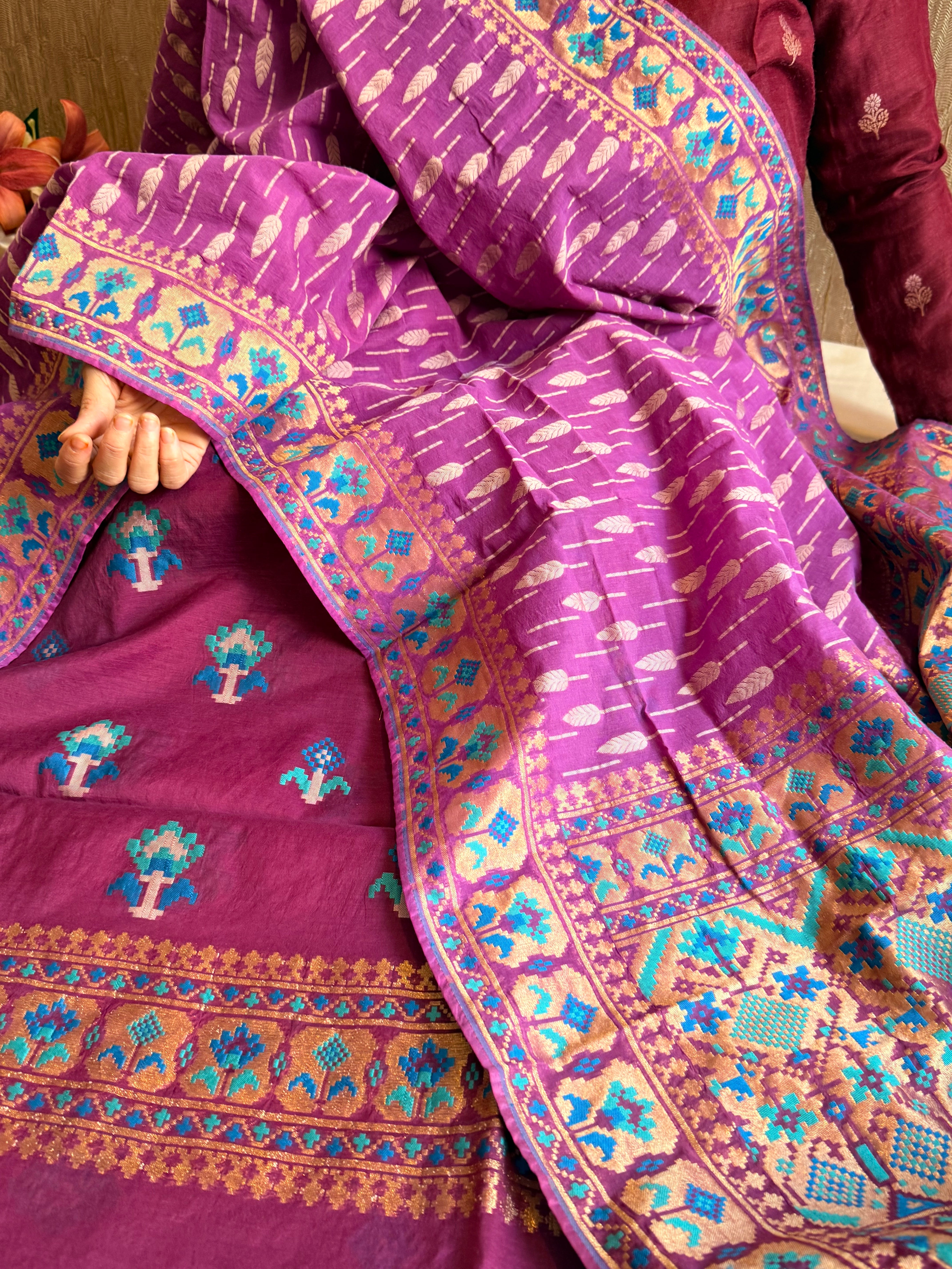 Mul cotton banarasi kadhwa buti plum purple suit set