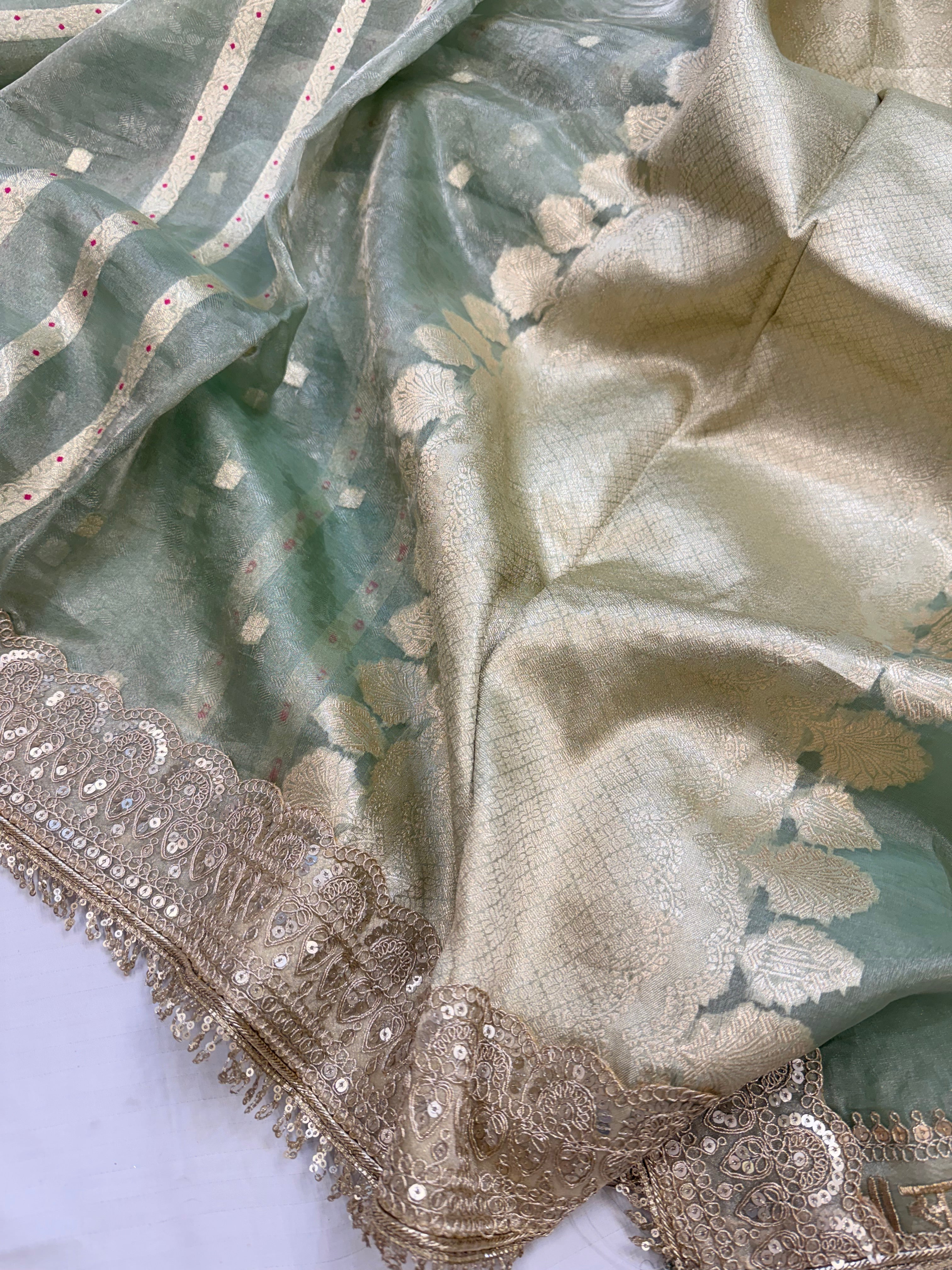 Mint green tissue silk kadhwa gotapatti meenakari saree