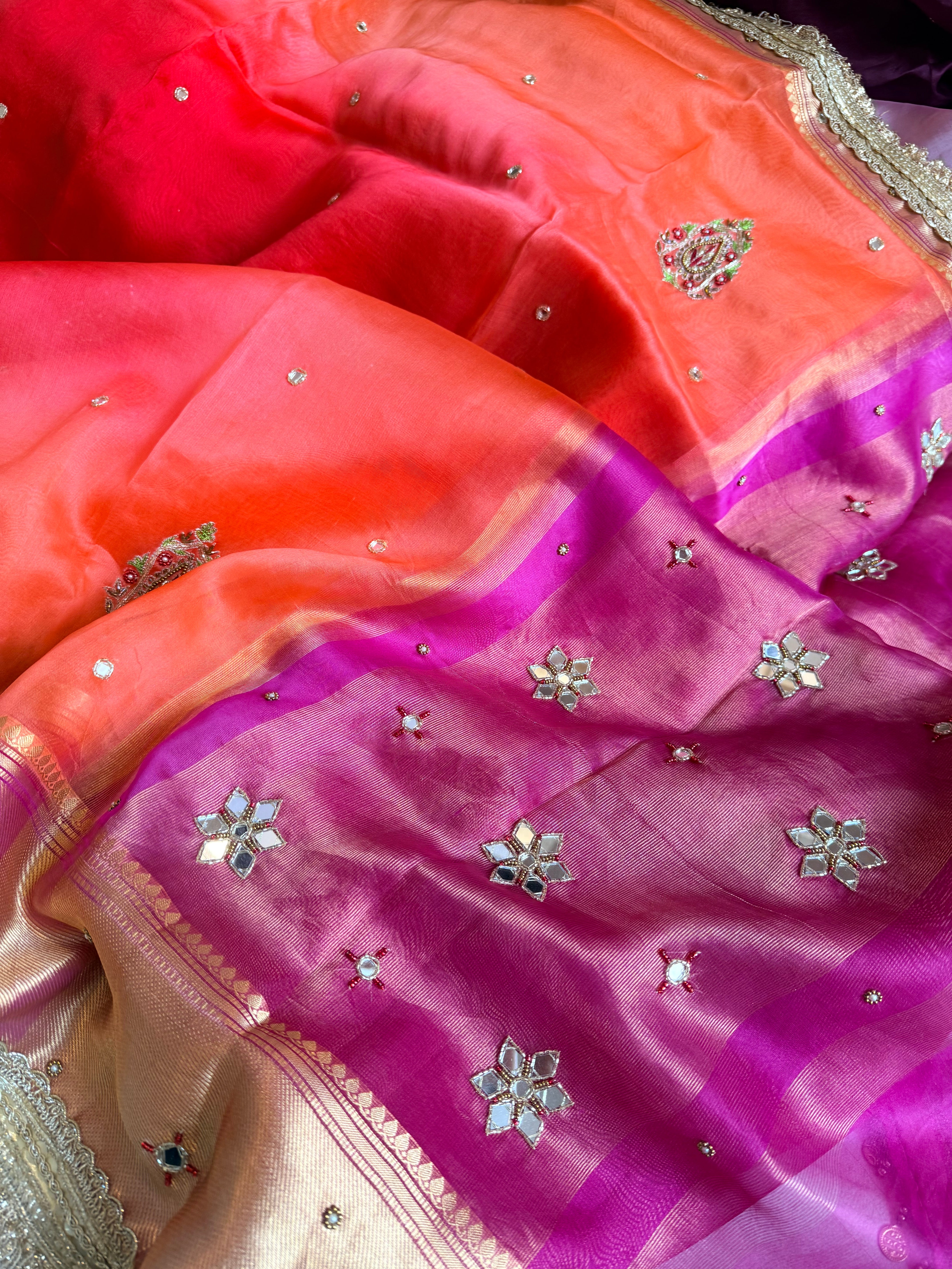 Husn ganga jamuna contrast border kora silk hand embroidered saree