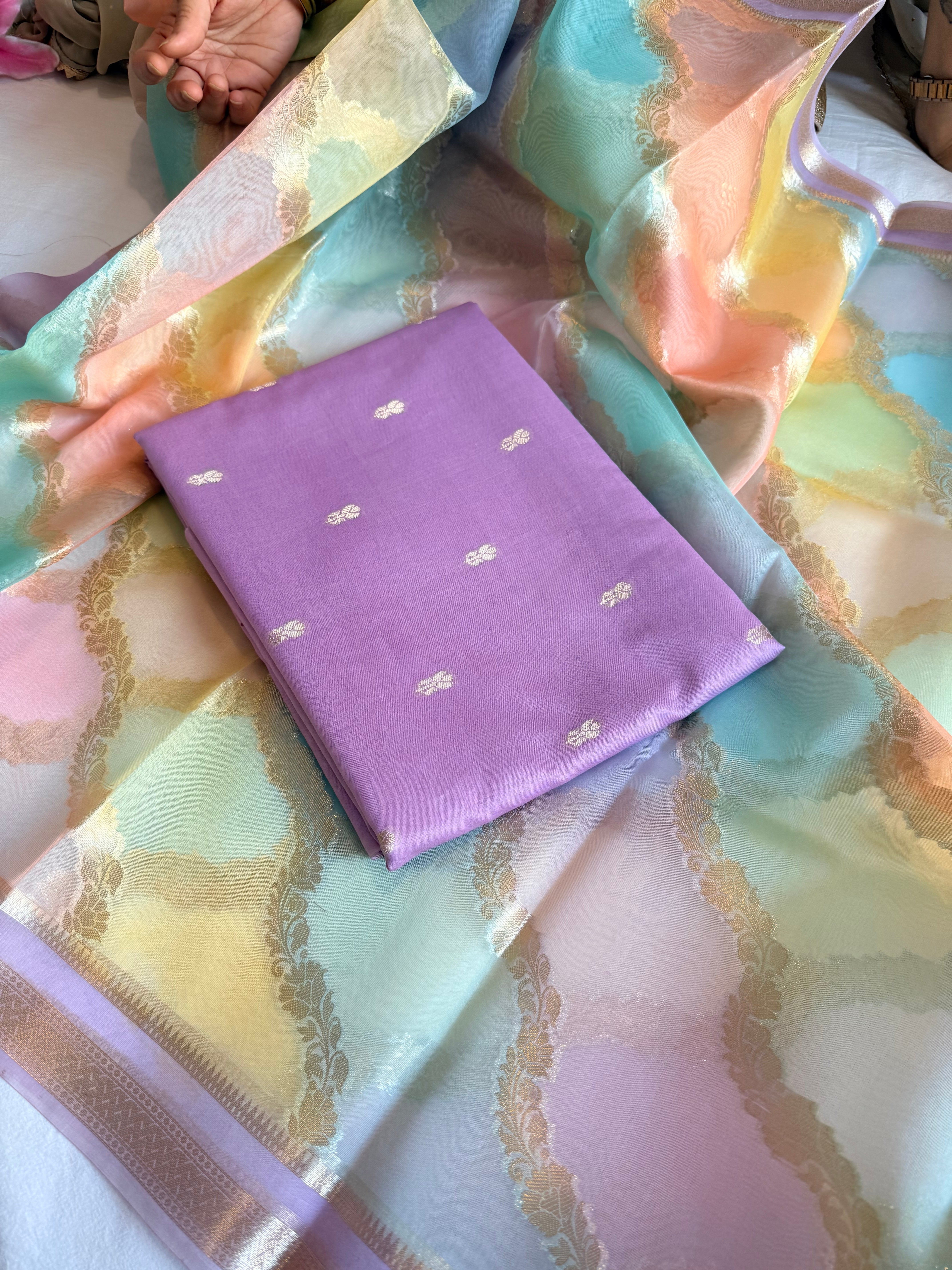 Banarasi chiniya silk kurta paired with candy colours rangkaat kora silk duppata