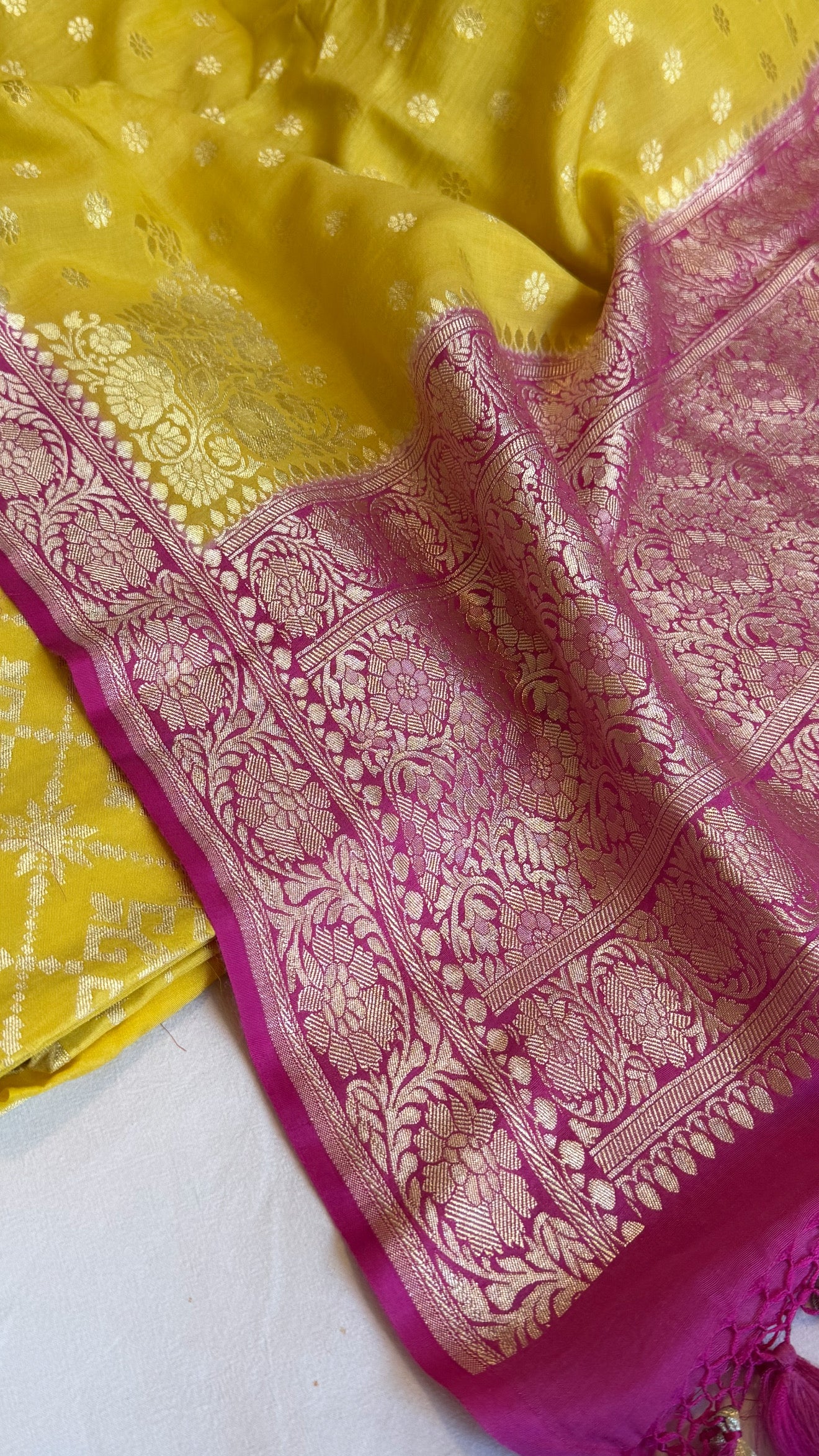 Banarasi haldi yellow - Rani pink chiniya silk kurta paired with moonga silk duppata set
