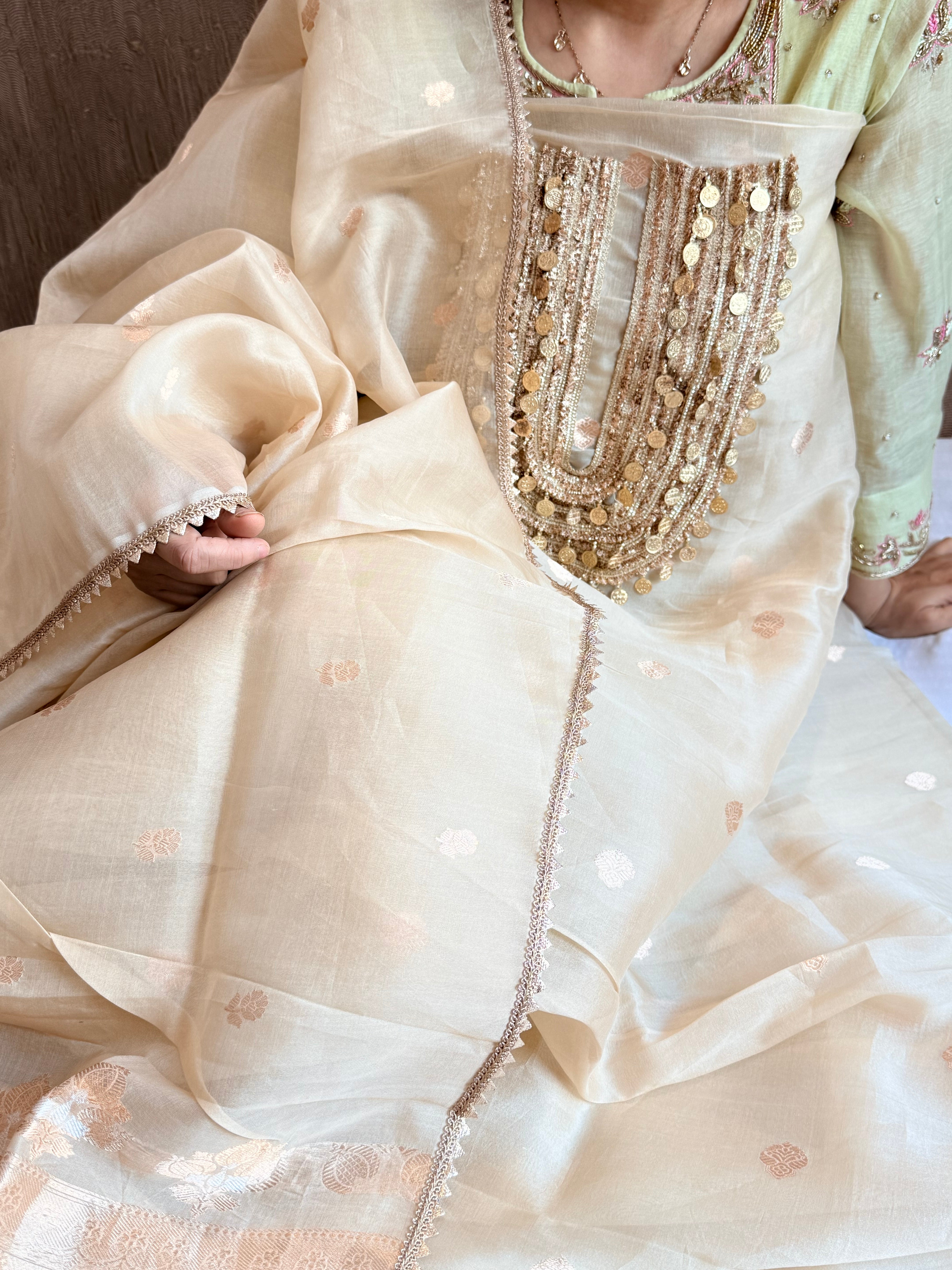 Coinwork banarasi kora silk kadhwa buti champagne gold suit set