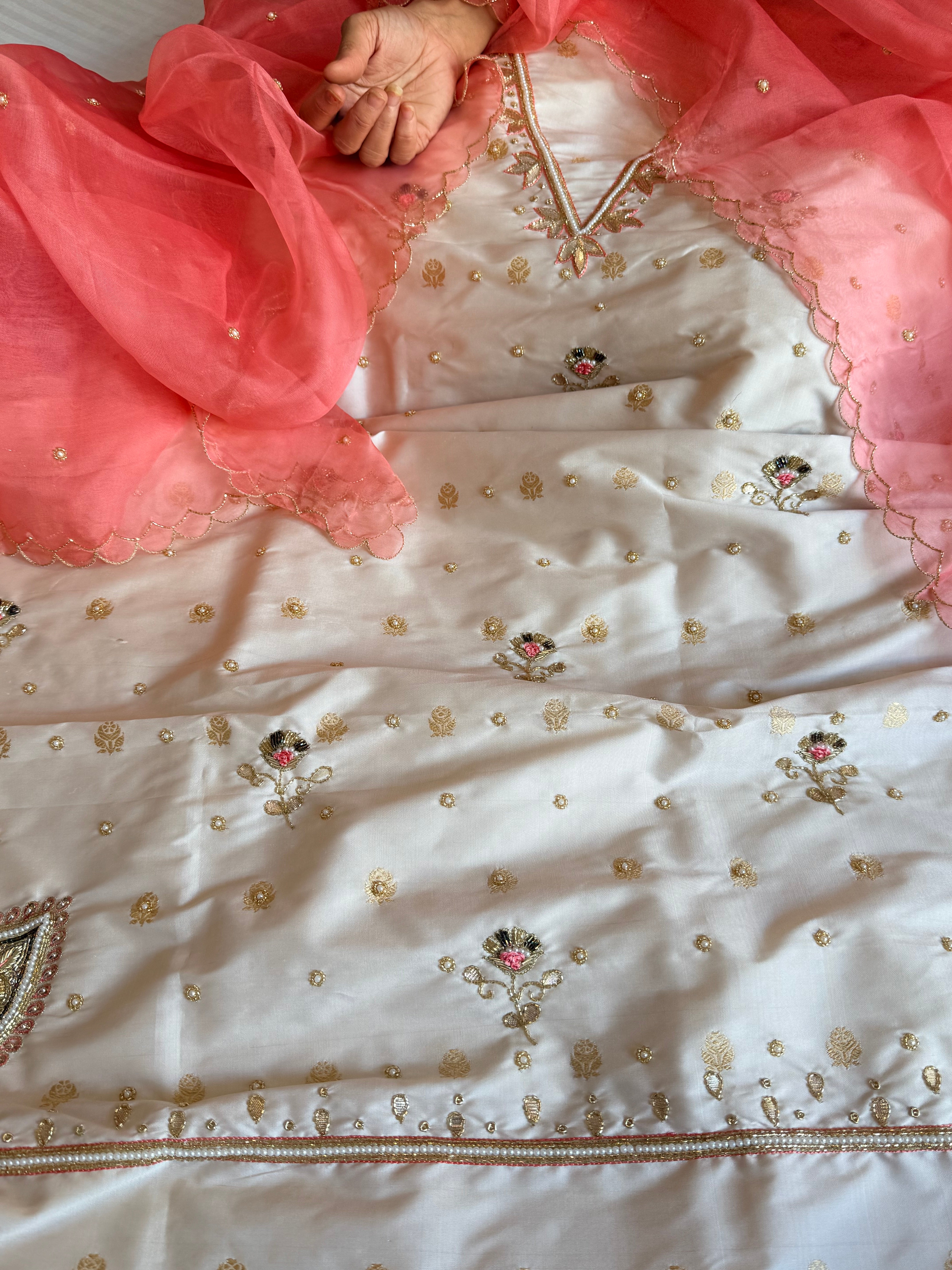Katan silk hand embroidered banarasi kurta paired with kora silk duppata
