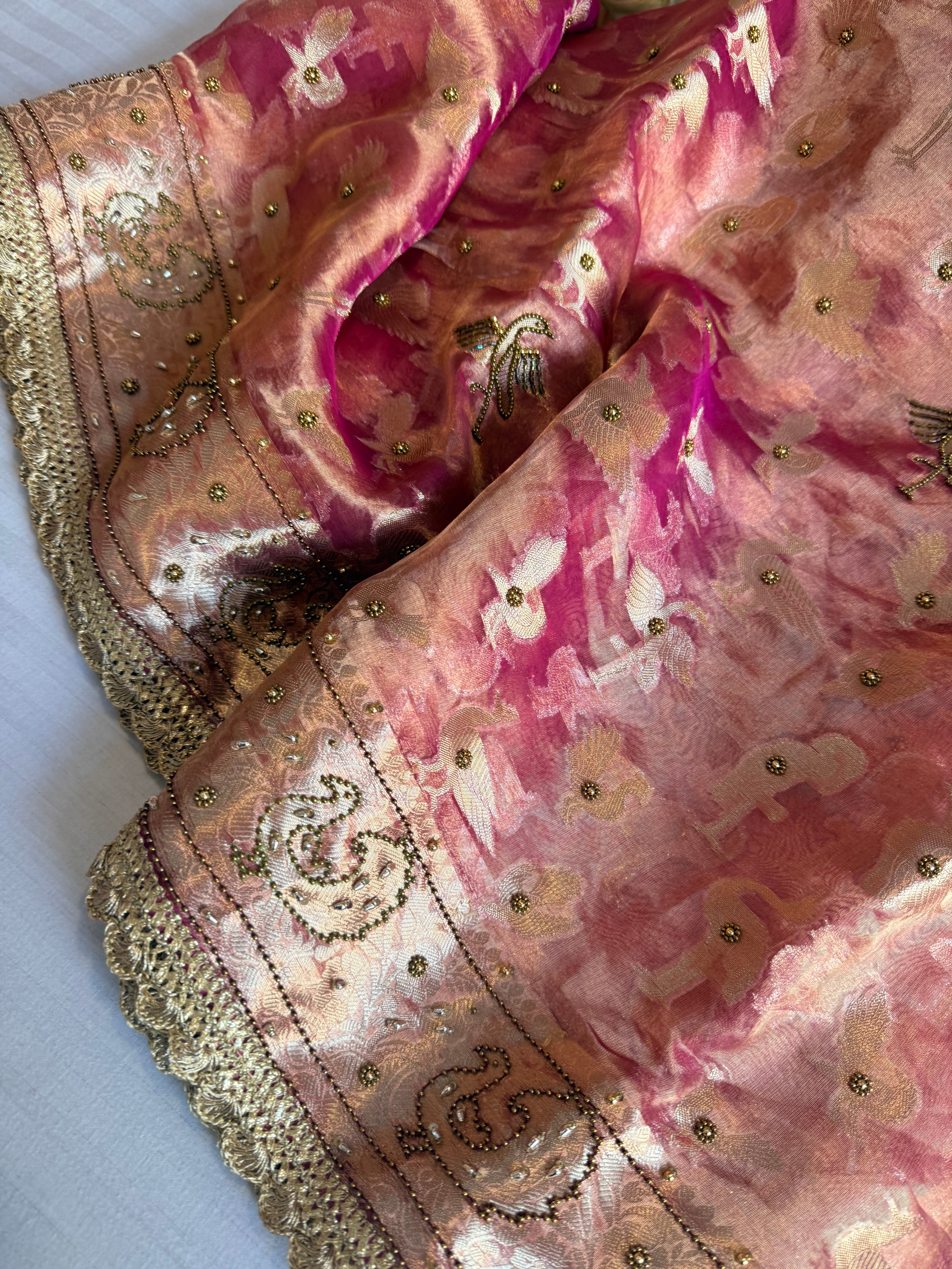 Chiraiya wali saree - Rani pink tissue silk figure motif weaving and hand embroidered saree