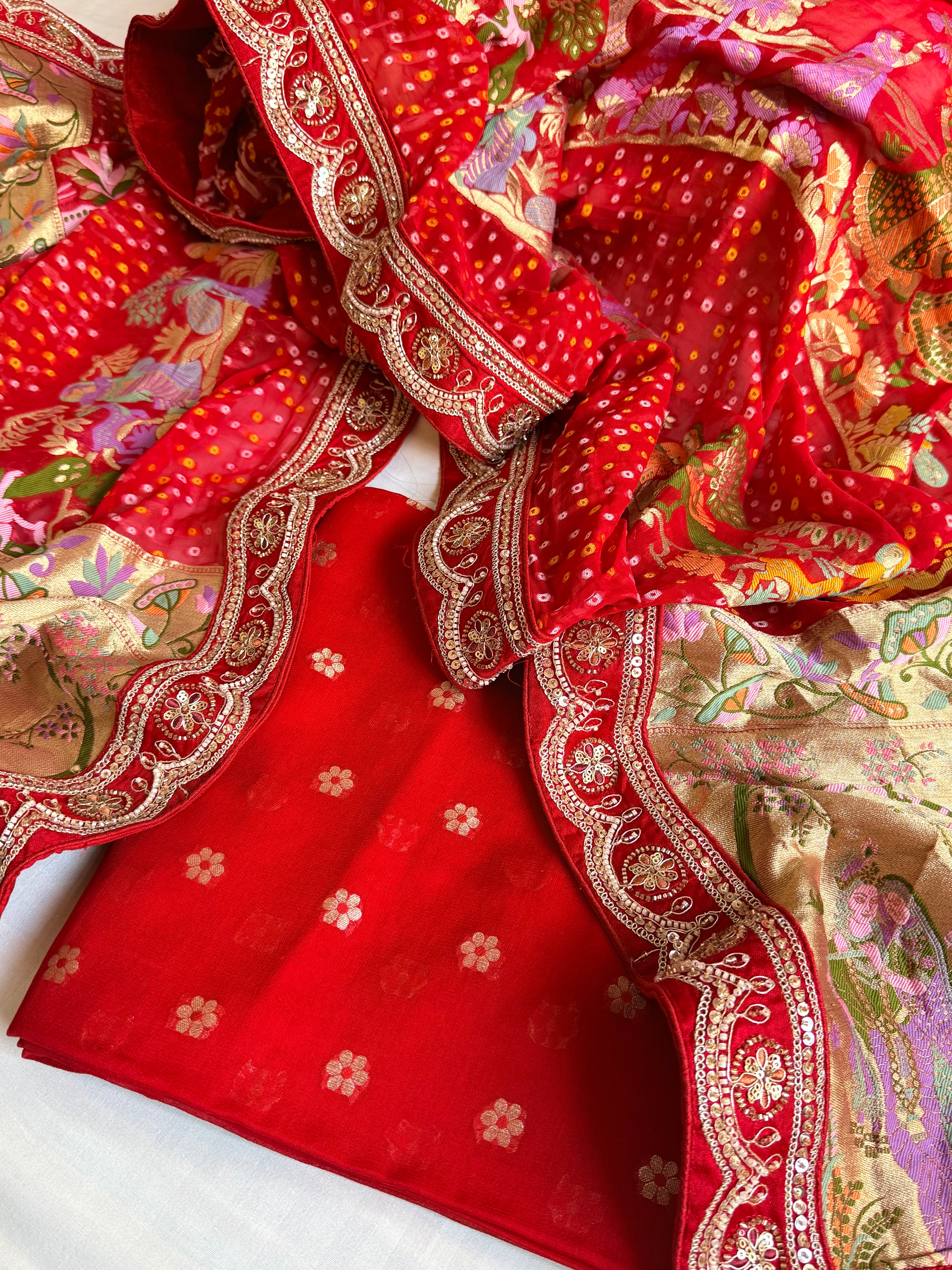 Banarasi rai bandhej radha krishna weaving gorgette kadhwa suit set