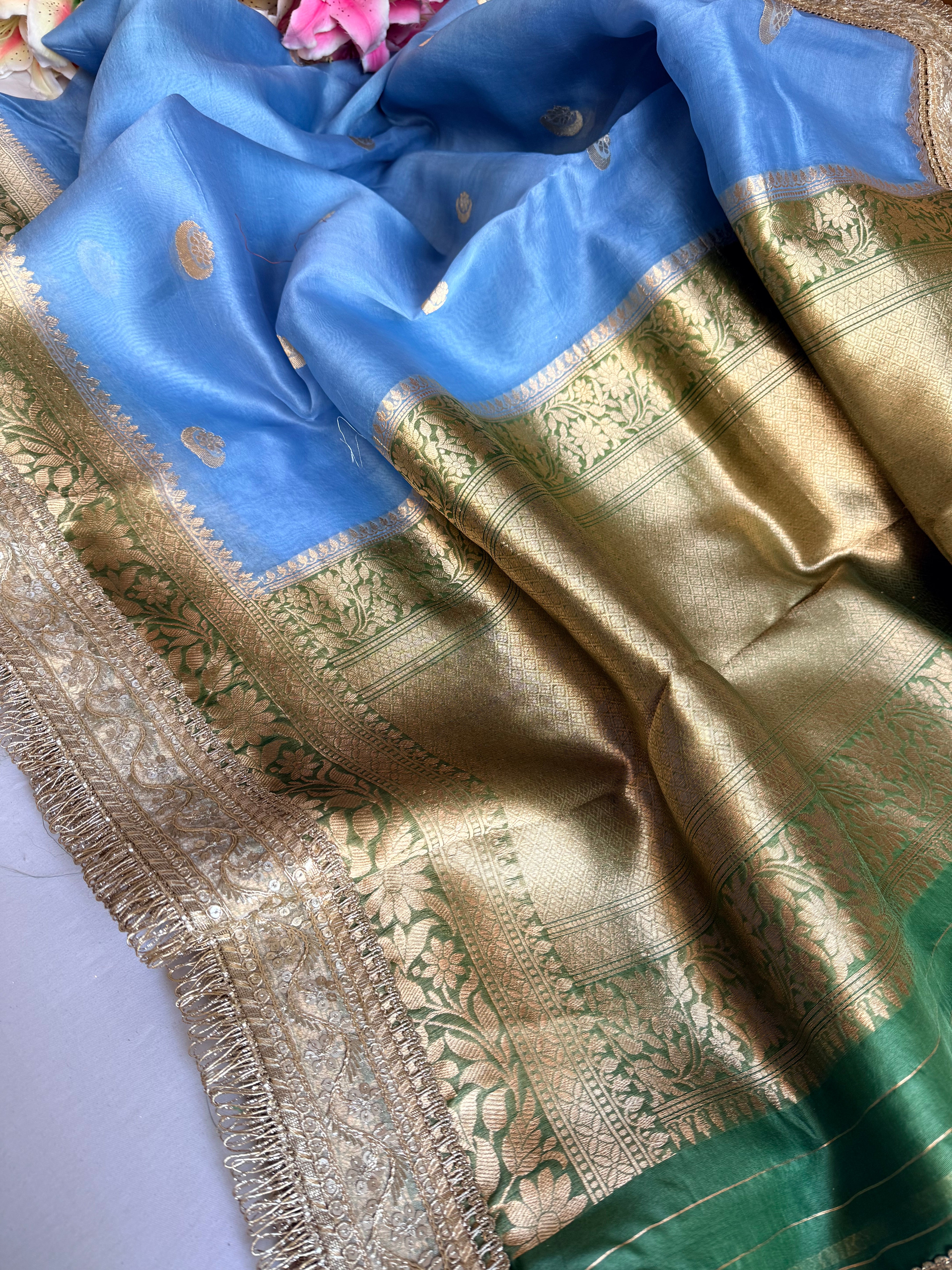 Banarasi leela water blue-green kora silk kadhwa saree
