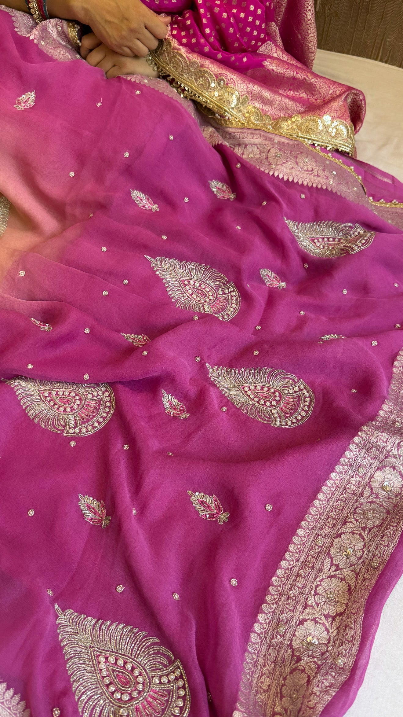 Paro banarasi chiffon gorgette hand embroidered kadhwa saree