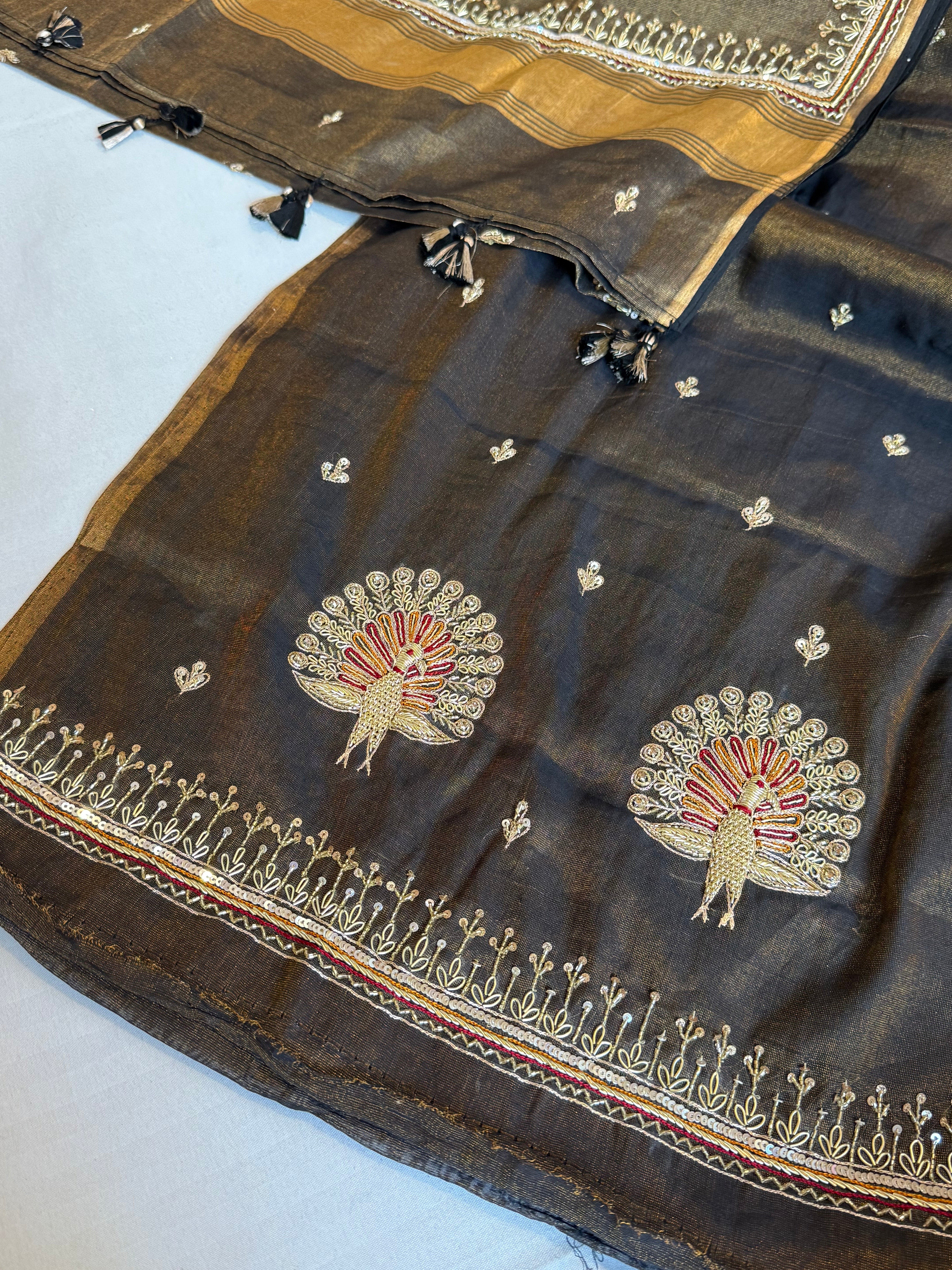 Metallic black mul cotton tissue silk hand embroidered kadhwa suit sets