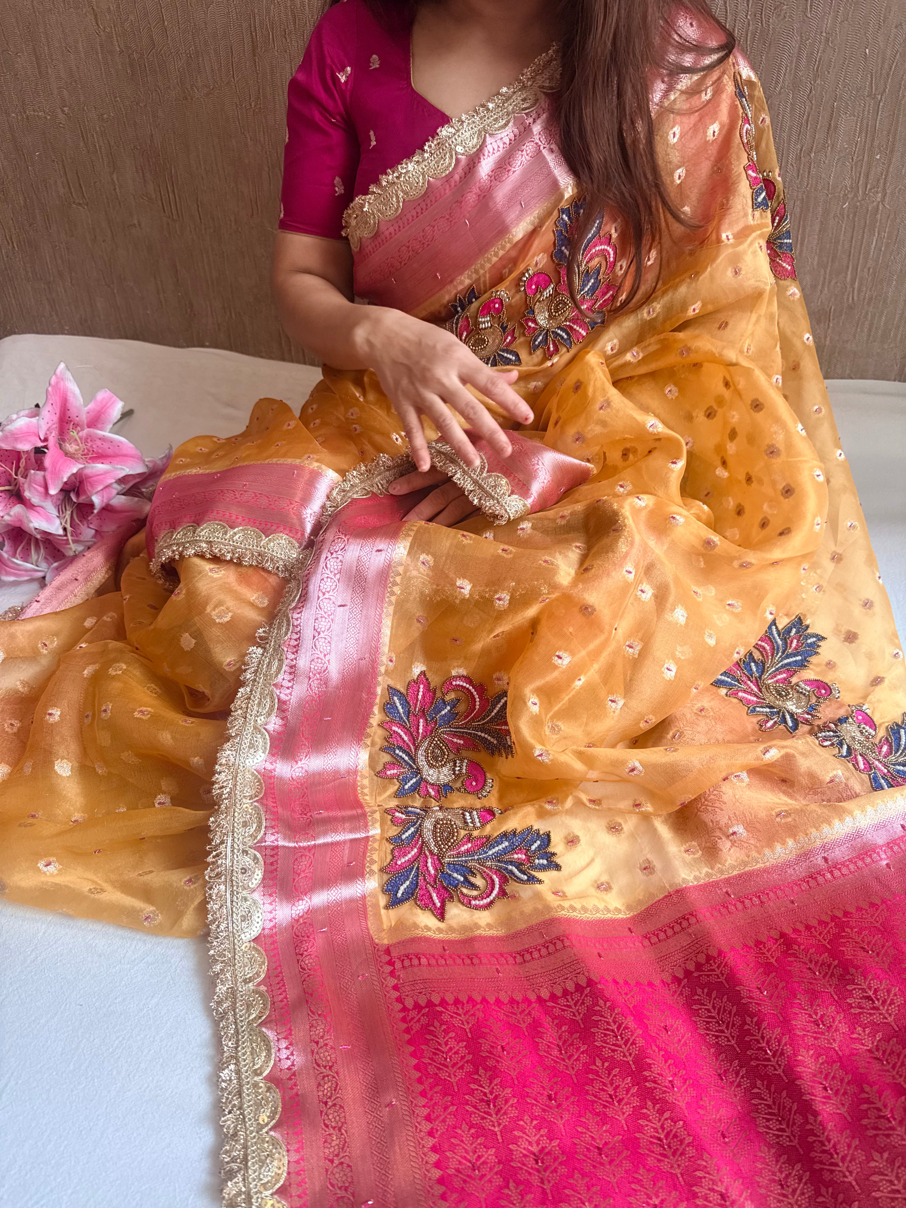 Ombre shaded kora silk kadhwa buti peacock motif hand embroidered saree