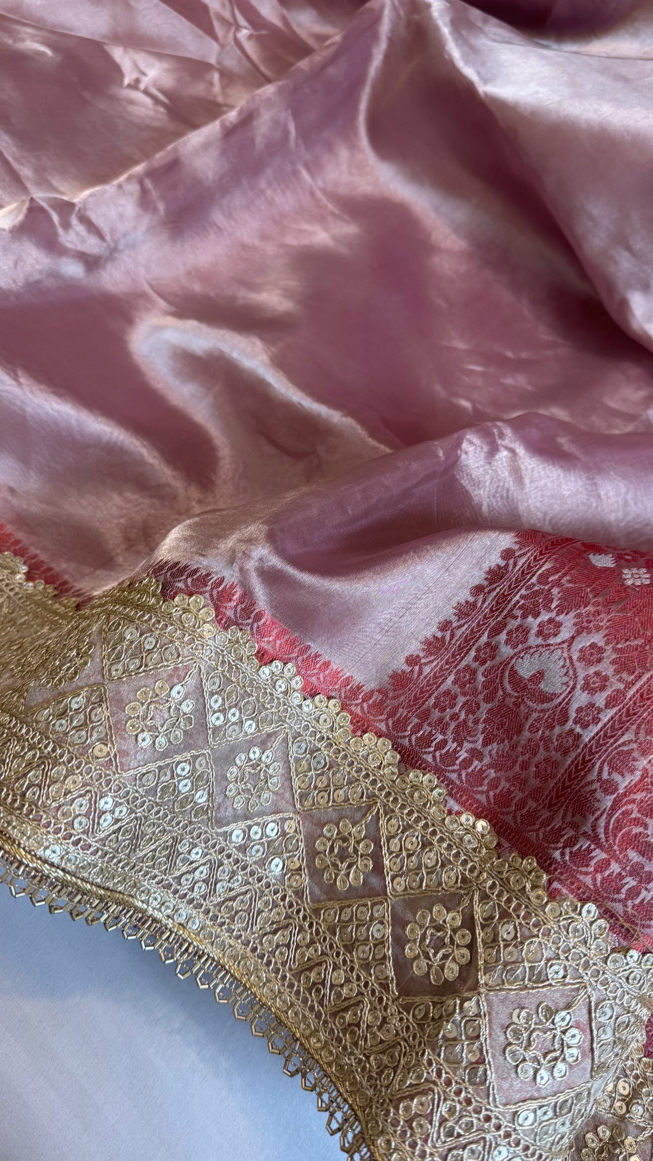Maharani blush pink tissue silk meenakari kadhwa saree